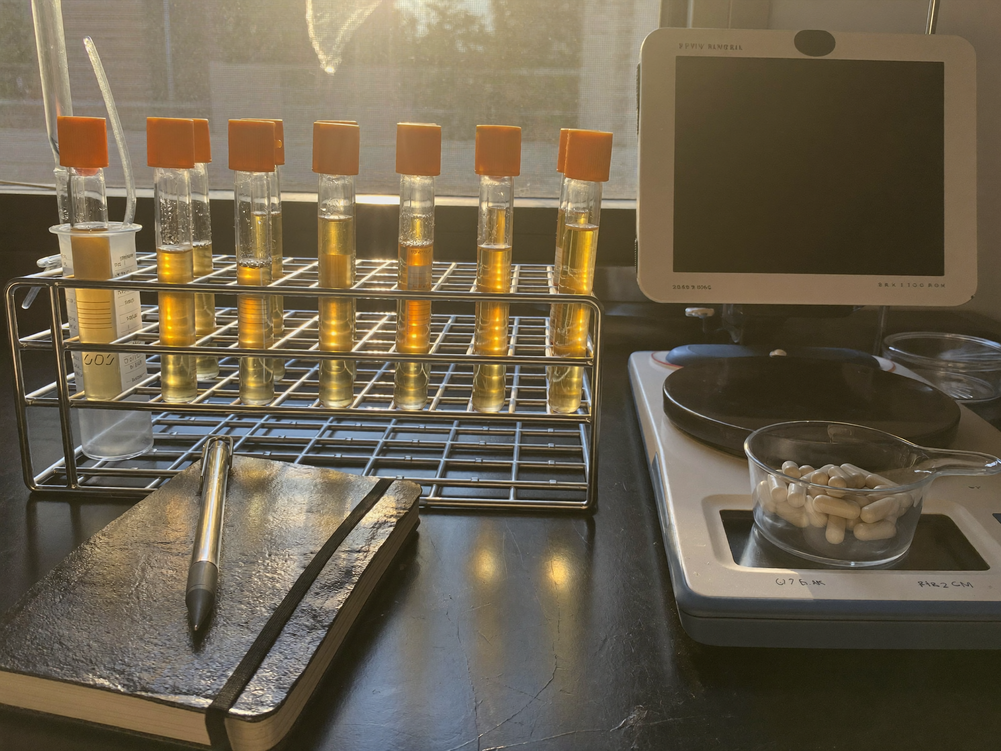 Lab bench with test tubes, research notebook and capsules