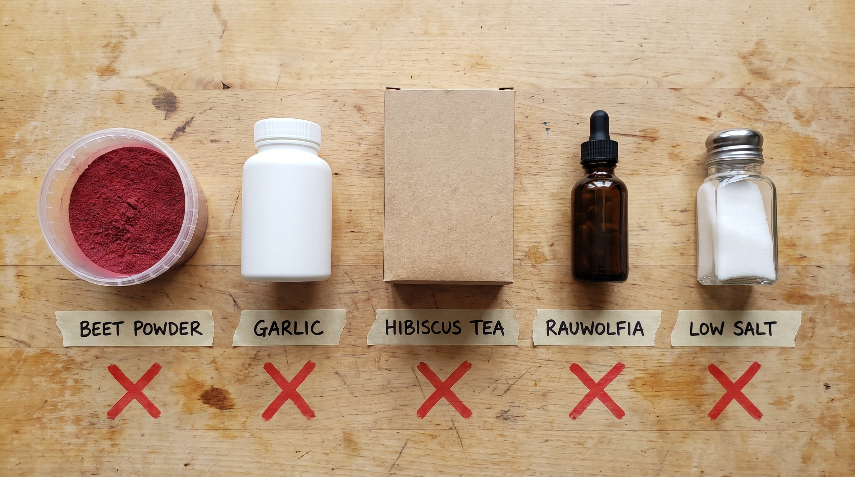 Beet powder, garlic, hibiscus tea, rauwolfia and low salt — all crossed out