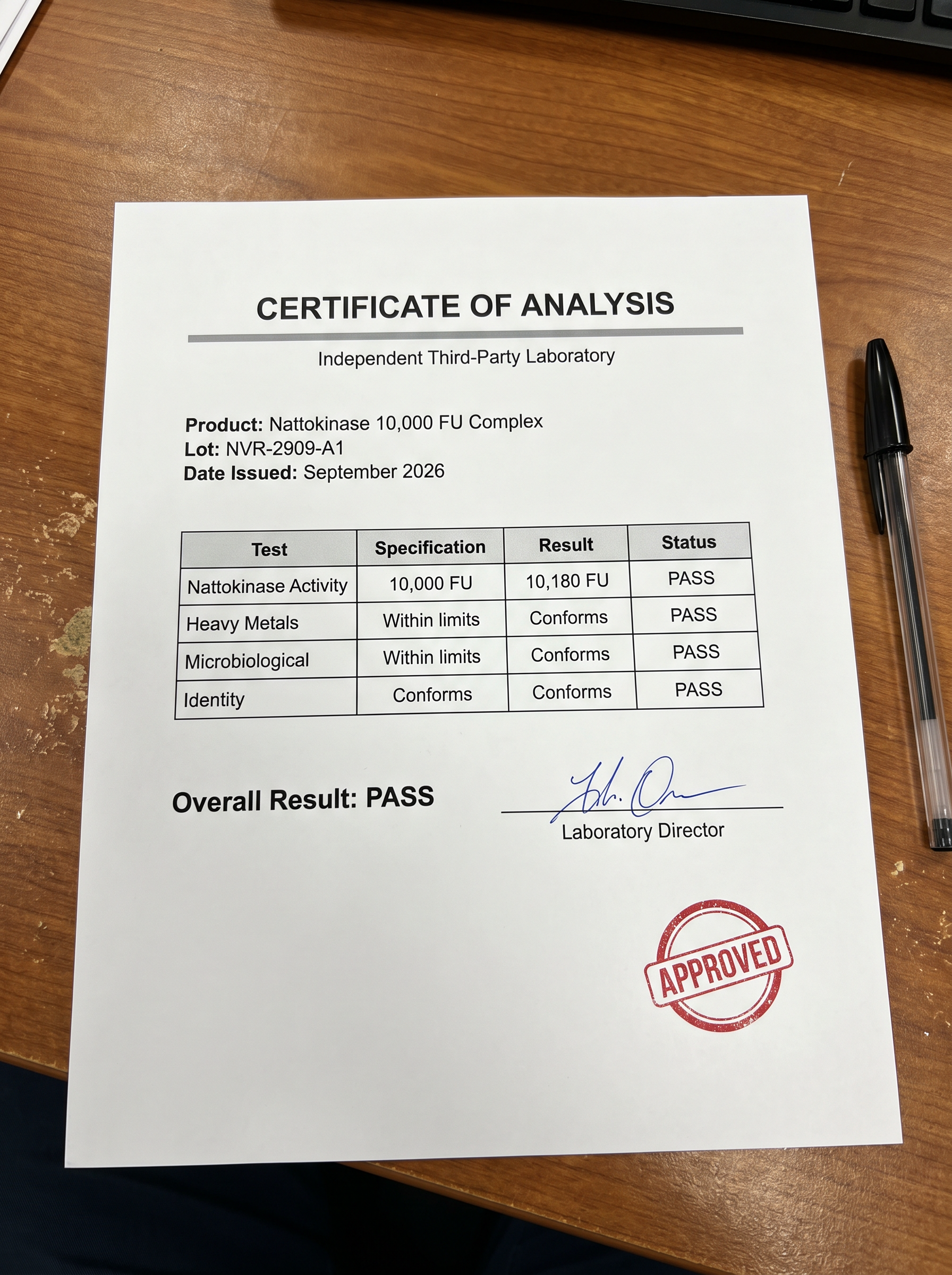 Independent Certificate of Analysis — nattokinase activity 10,180 FU, PASS