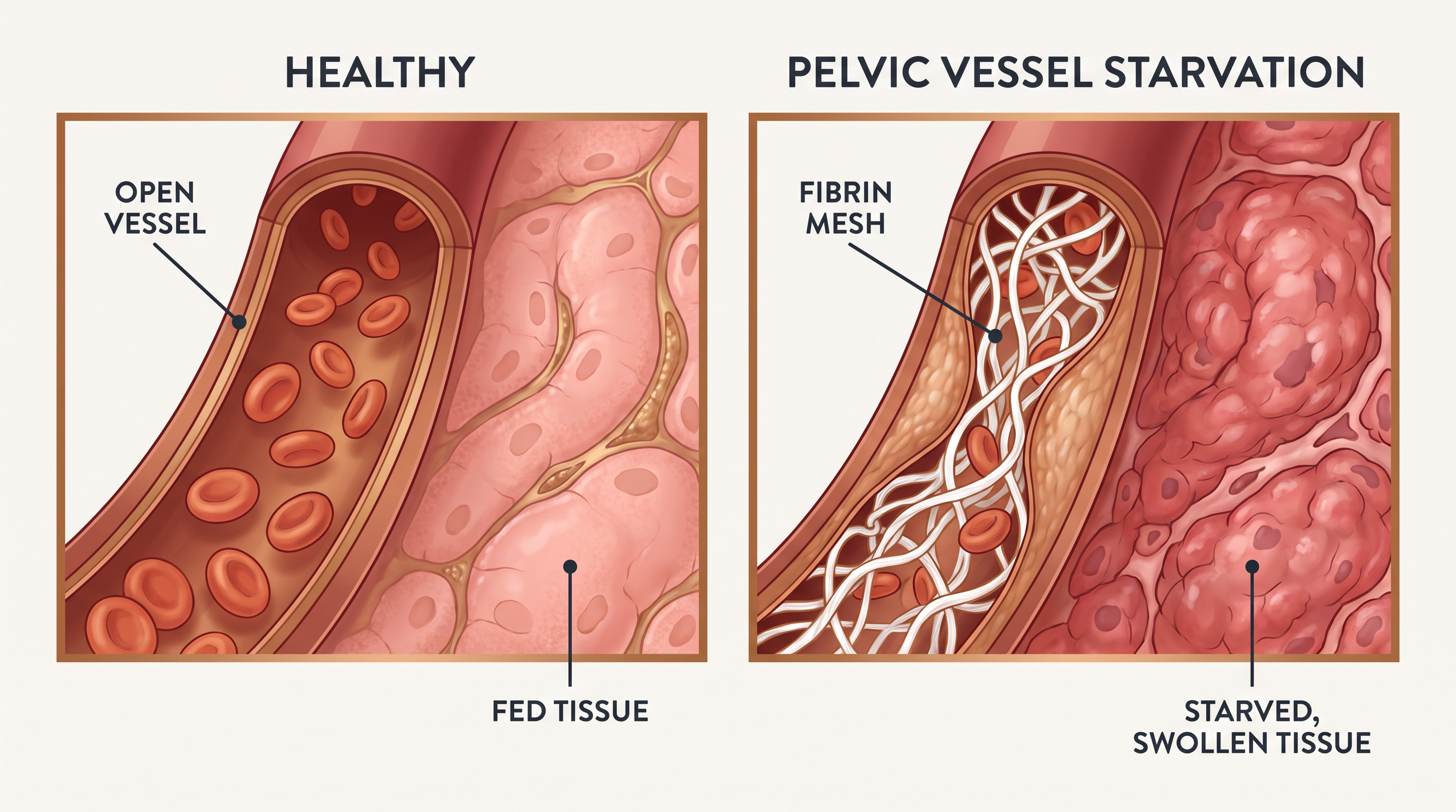 An open microvessel feeding the prostate vs one silted with fibrin mesh