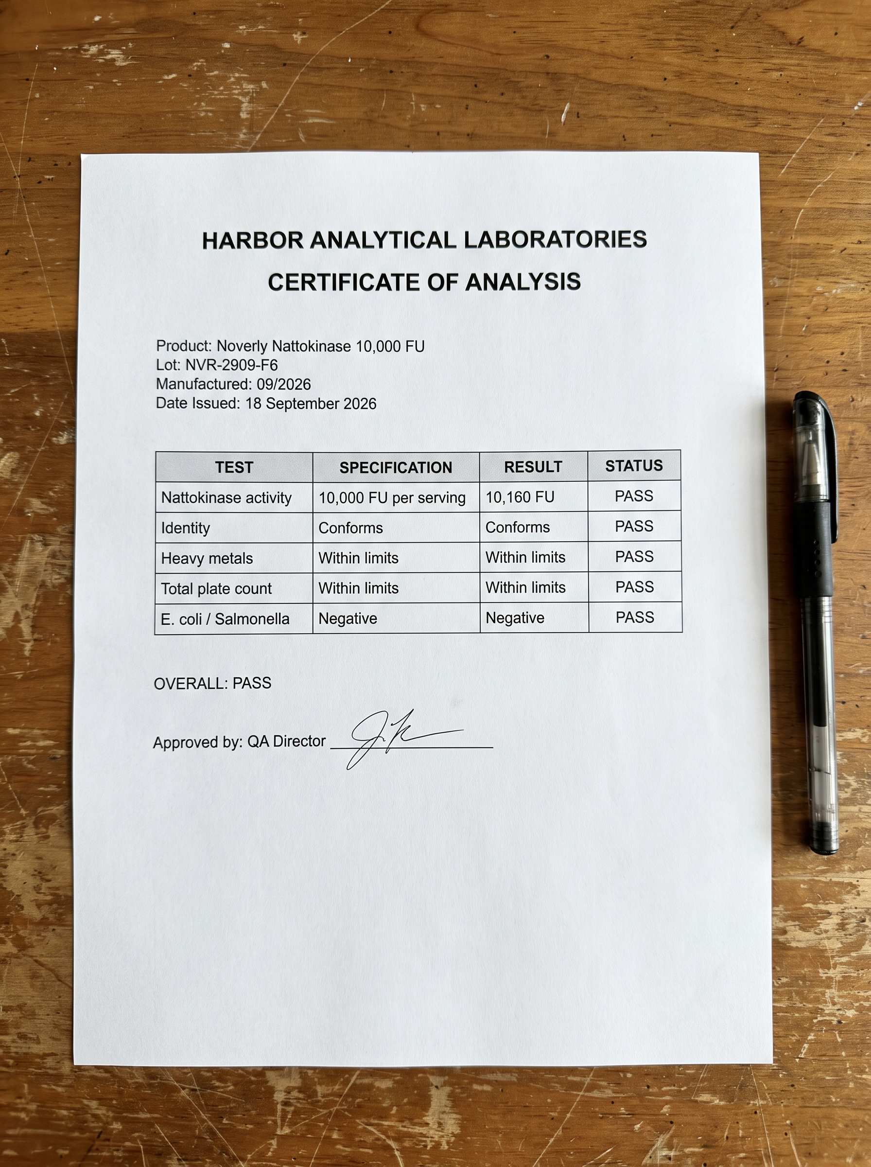 Independent Certificate of Analysis — nattokinase activity 10,160 FU, PASS