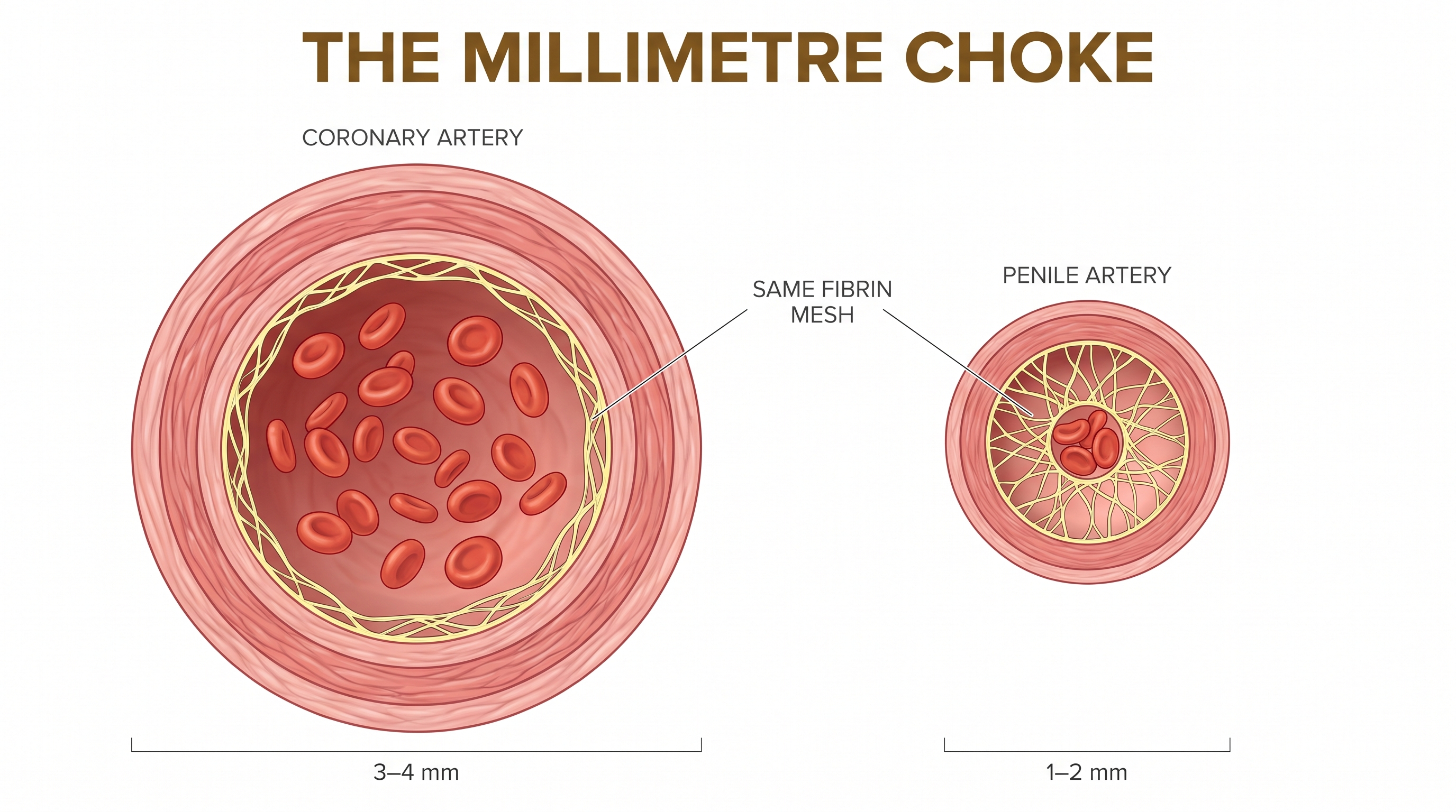 Coronary artery 3-4 mm vs penile artery 1-2 mm, the same fibrin mesh inside both