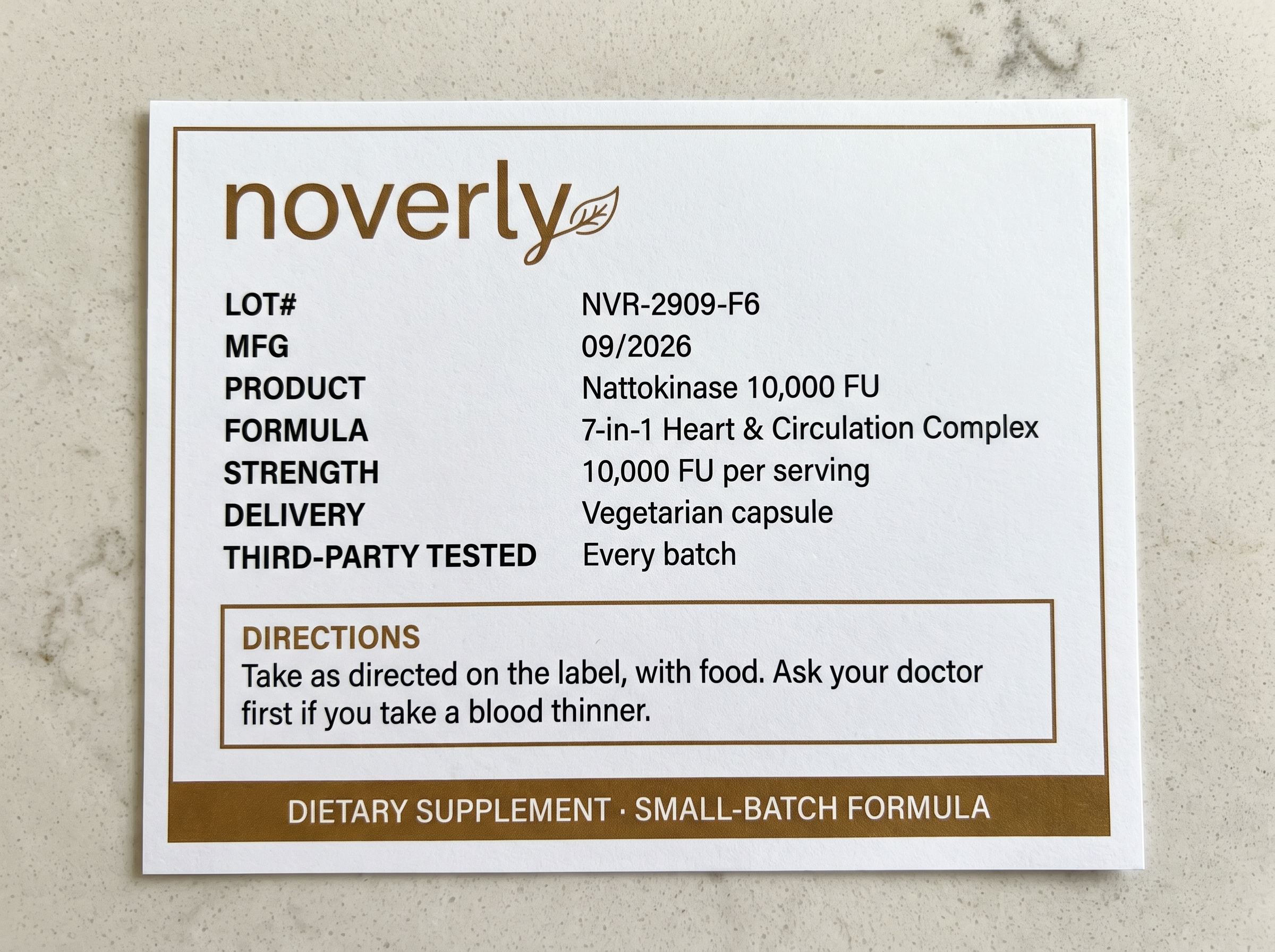 Noverly Nattokinase spec label — LOT NVR-2909-F6, 10,000 FU per serving, small batch
