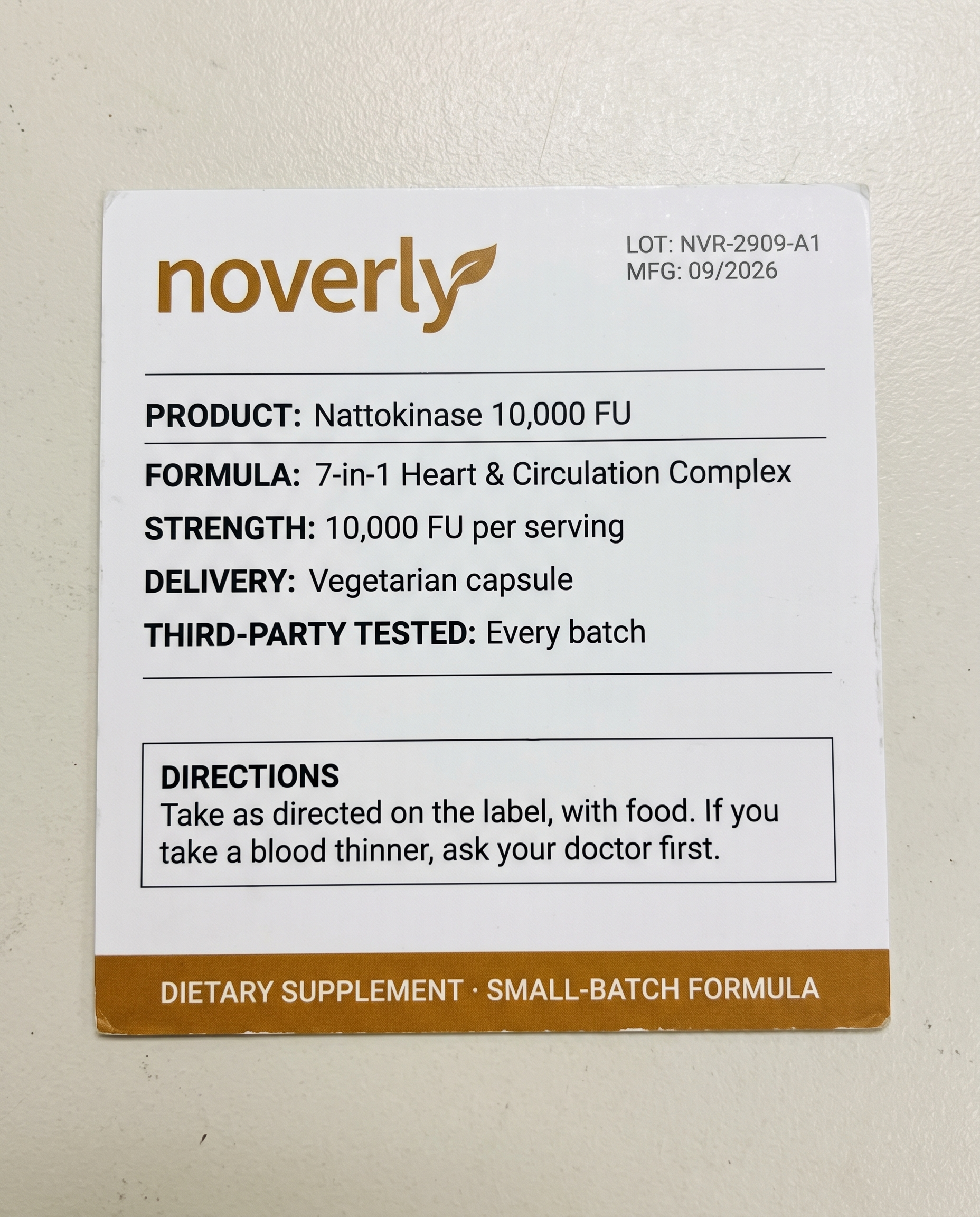 Noverly Nattokinase spec label — LOT NVR-2909-A1, MFG 09/2026, 10,000 FU per serving, small-batch formula