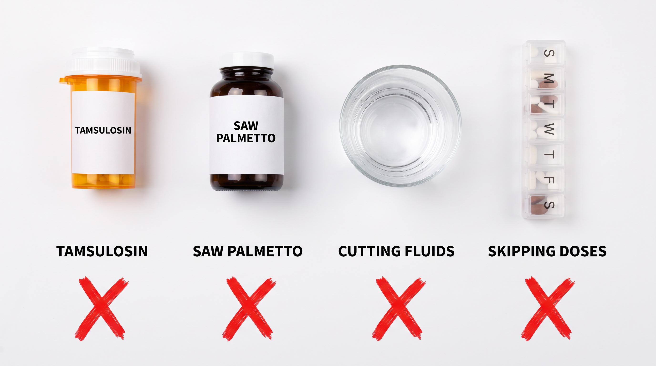 Tamsulosin, saw palmetto, cutting fluids, skipping doses — all crossed out