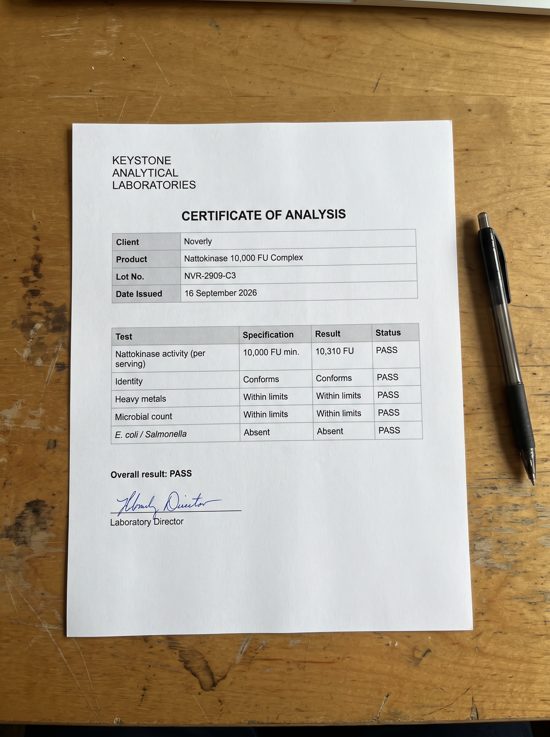 Independent Certificate of Analysis — nattokinase activity 10,310 FU, PASS