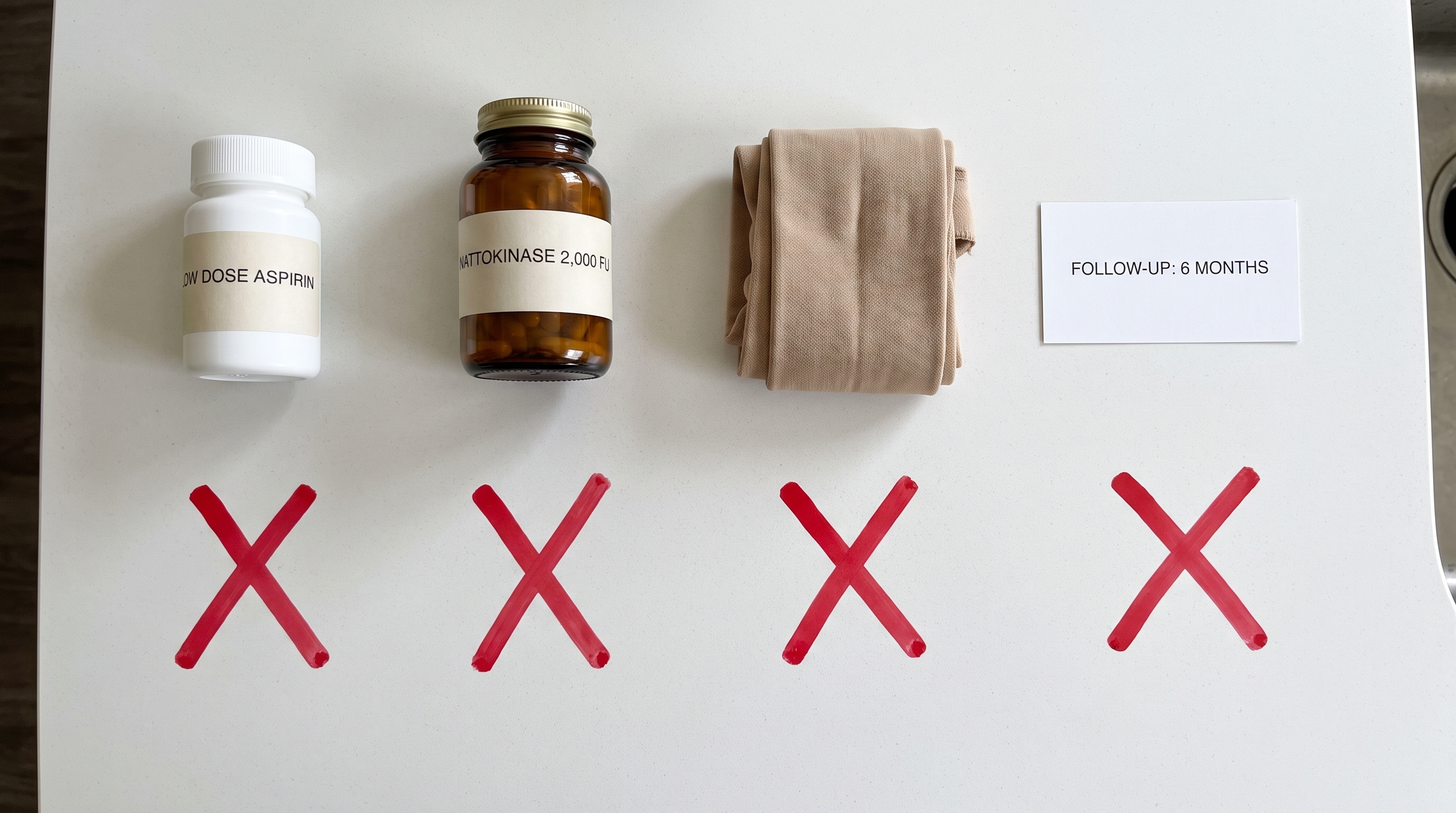 Low-dose aspirin, cheap 2,000 FU nattokinase, compression socks and a follow-up card, all crossed out