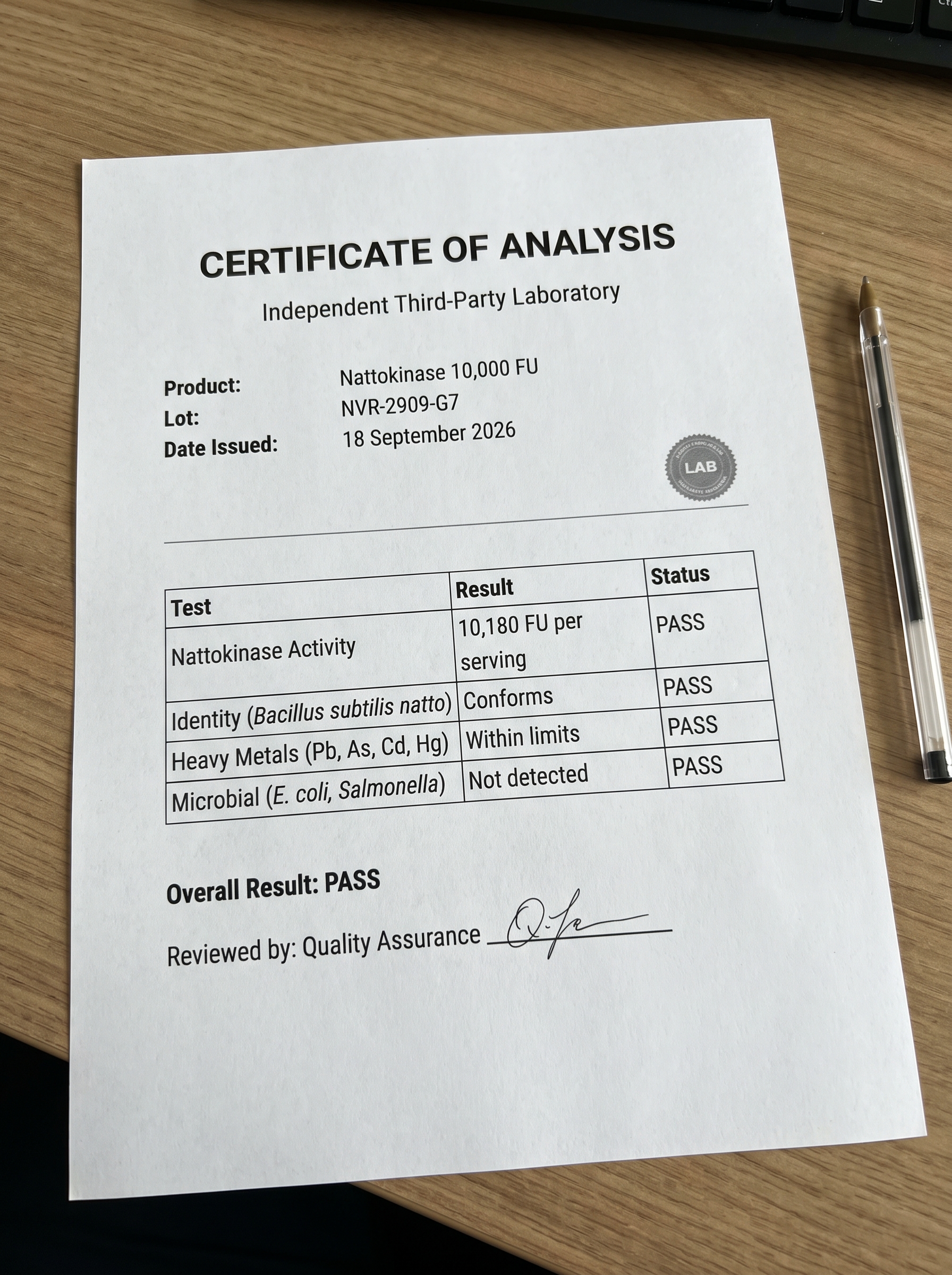 Independent Certificate of Analysis — nattokinase activity, PASS