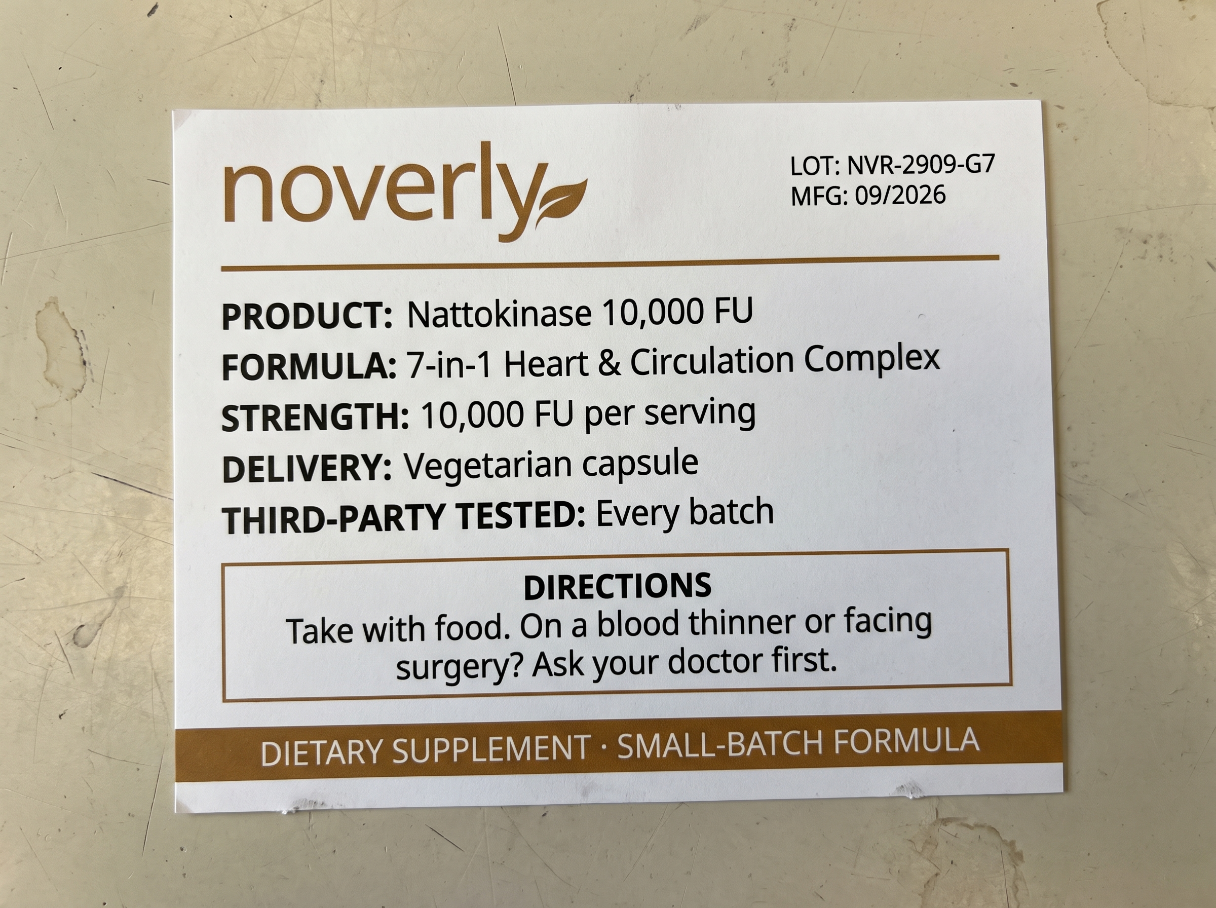 Noverly Nattokinase spec label — LOT NVR-2909-G7, 10,000 FU per serving, small-batch