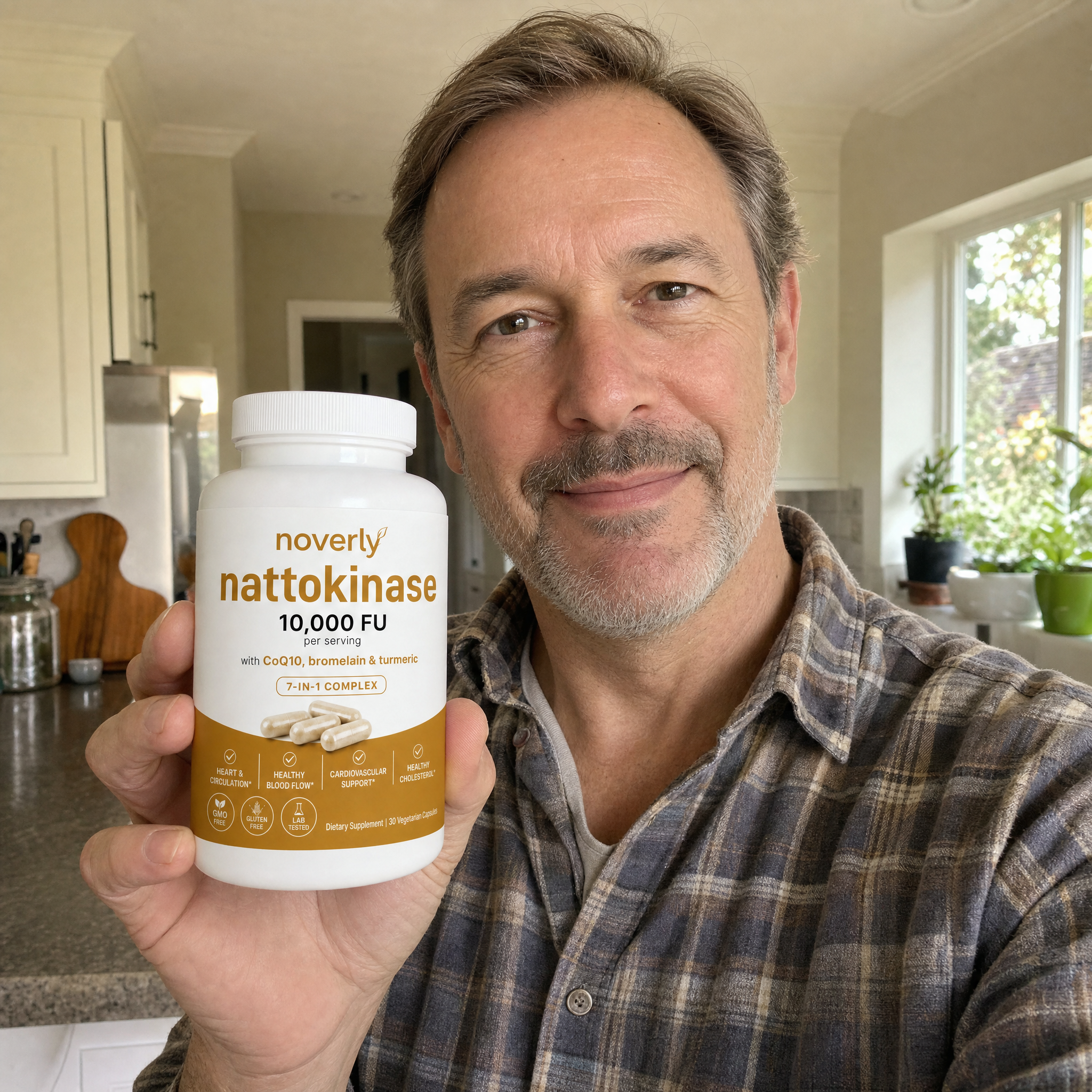 A customer holding the Noverly Nattokinase bottle at home