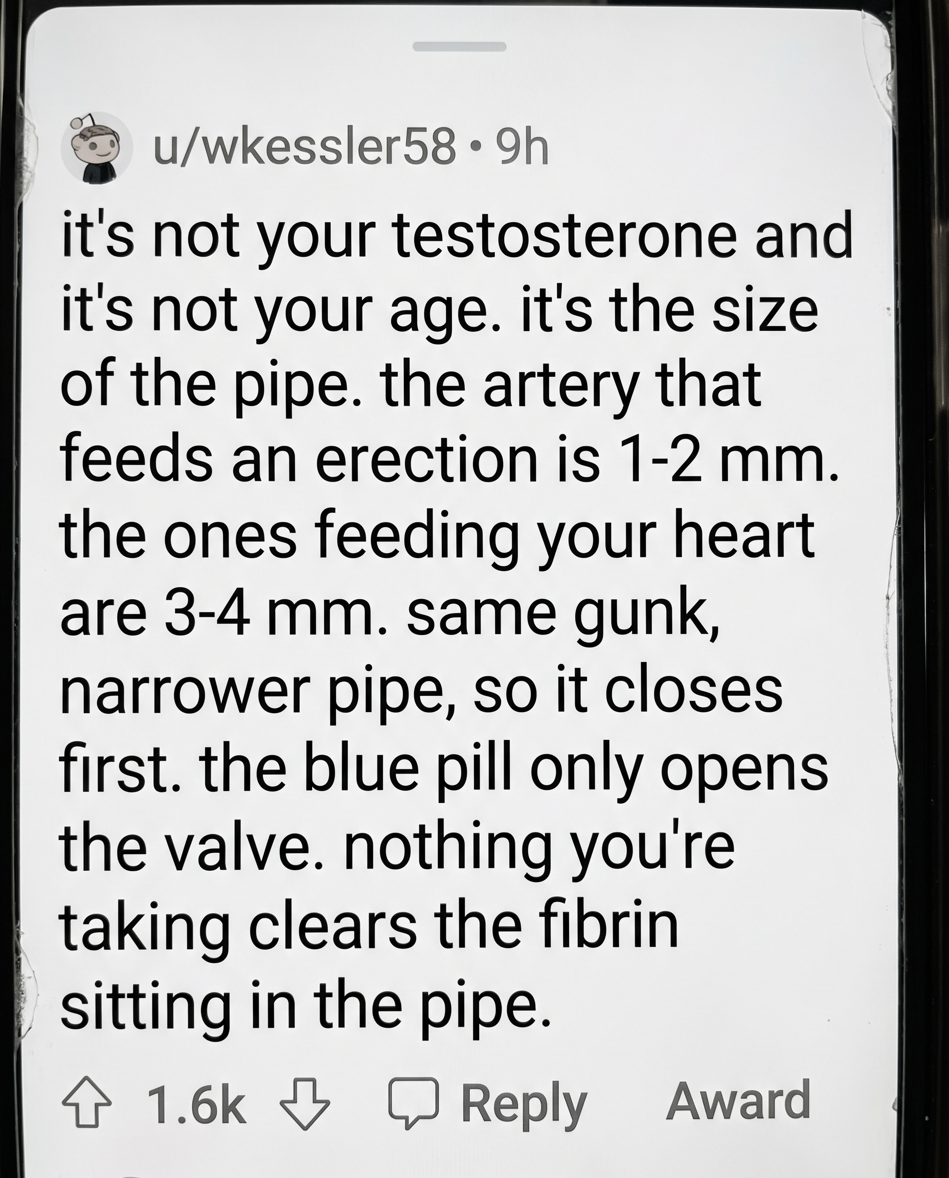 Reddit comment: it's not your testosterone, it's the size of the pipe