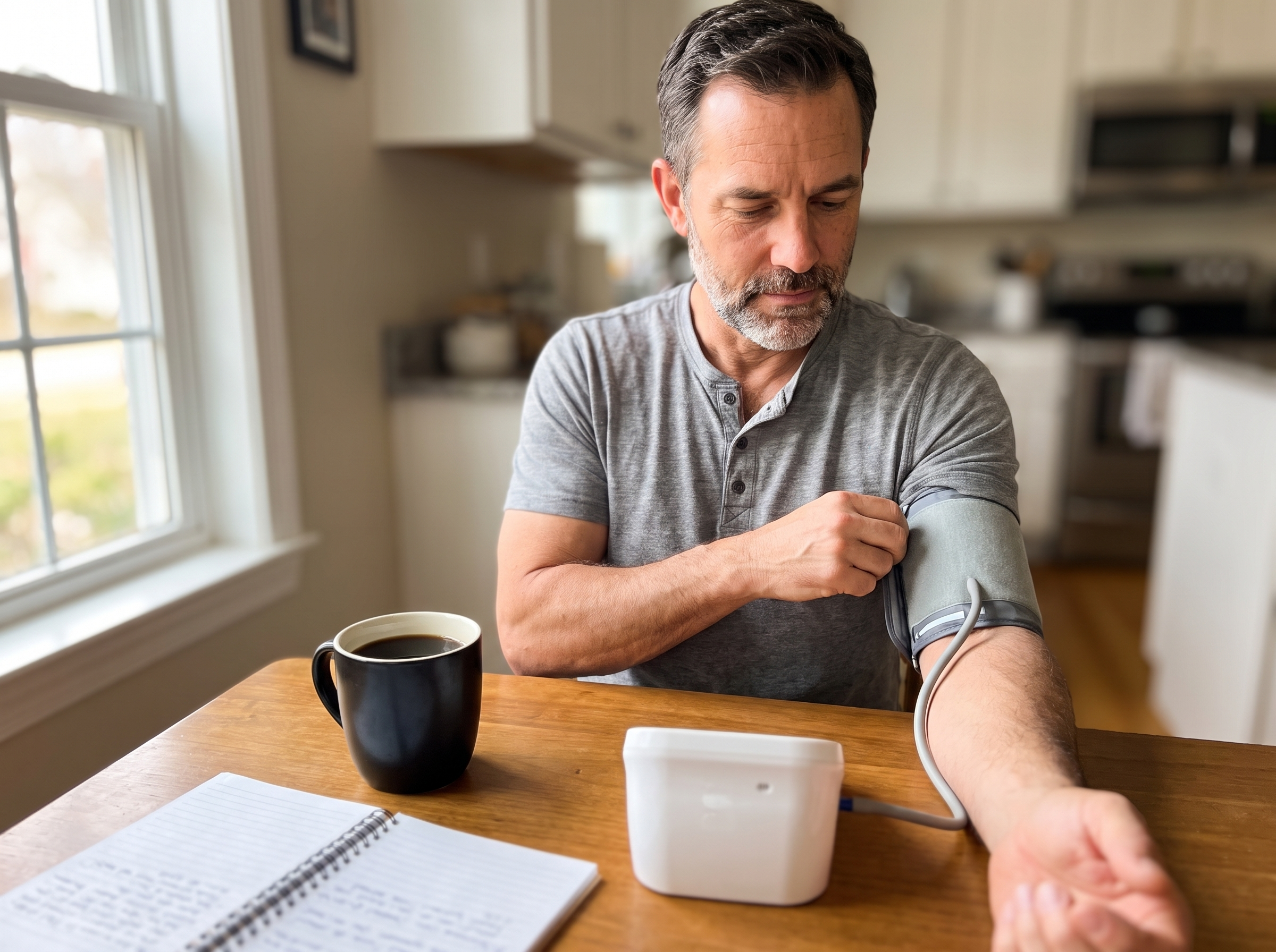 Mark taking his blood pressure at the kitchen table in the morning