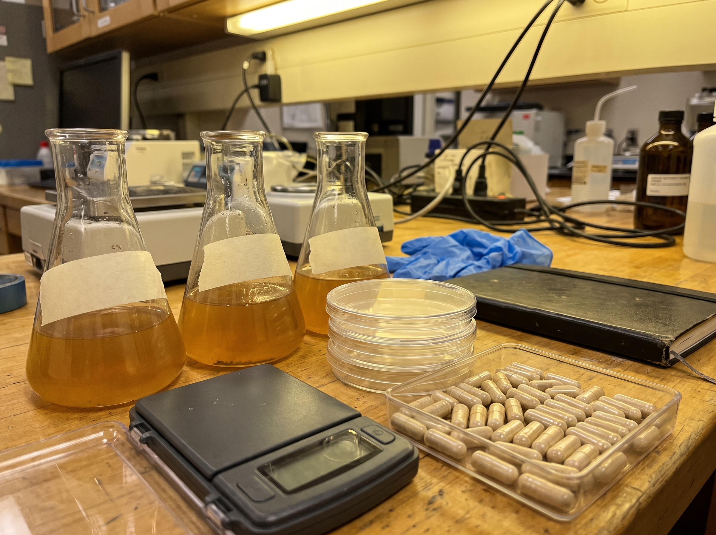 Fermentation lab bench with flasks and capsules