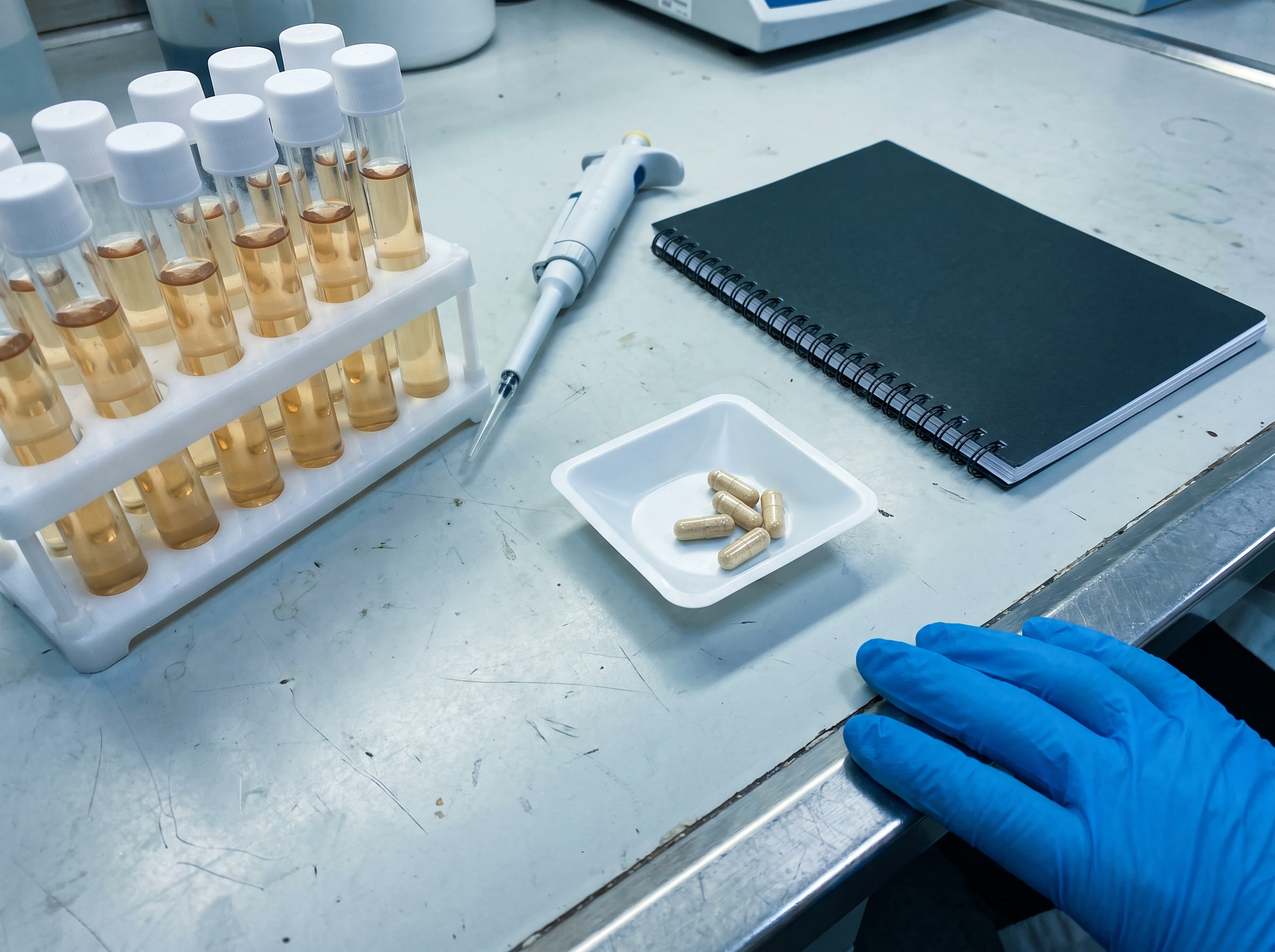Quality-control bench with test tubes and capsules