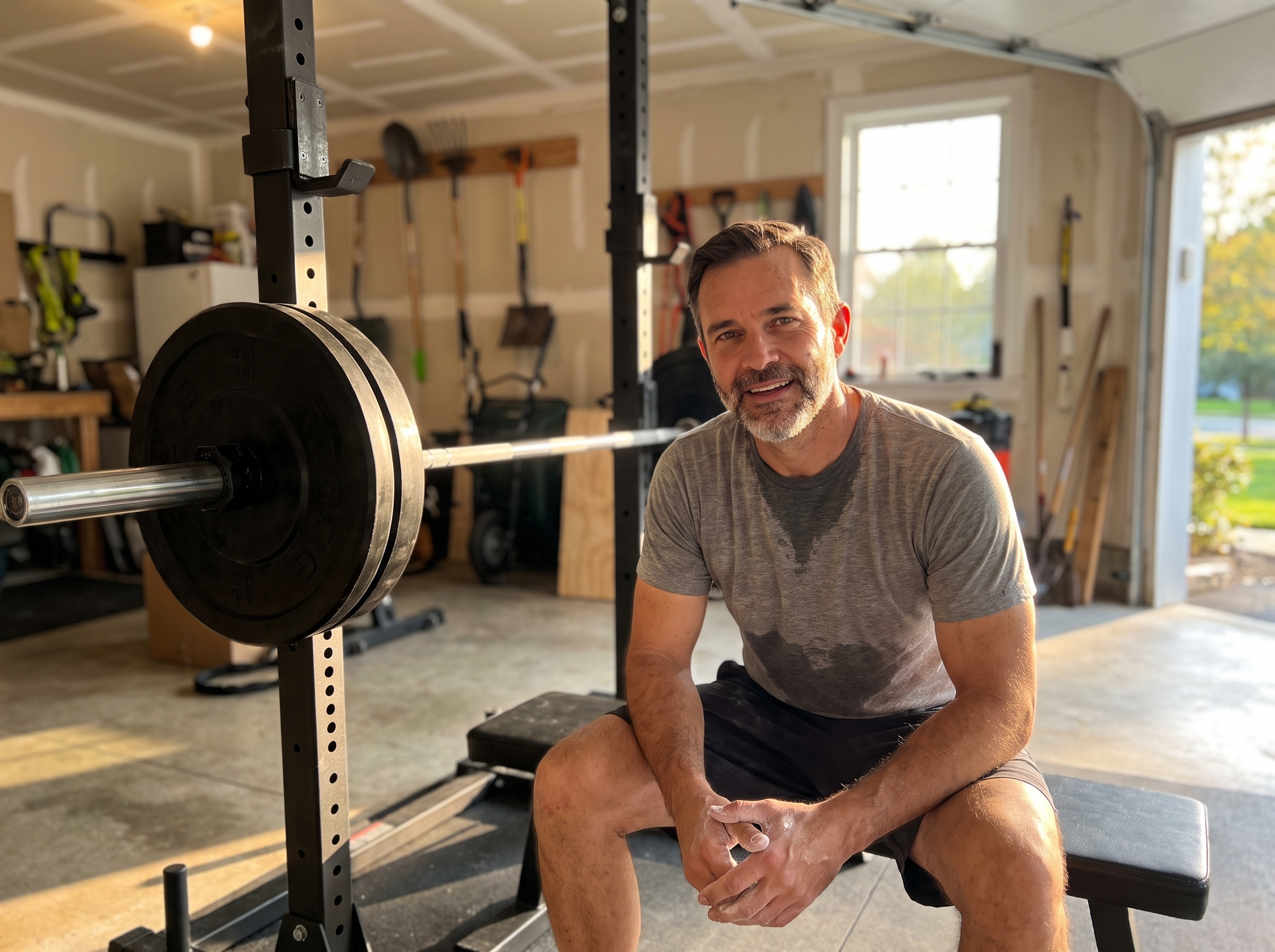Mark resting between sets in his garage gym in the evening