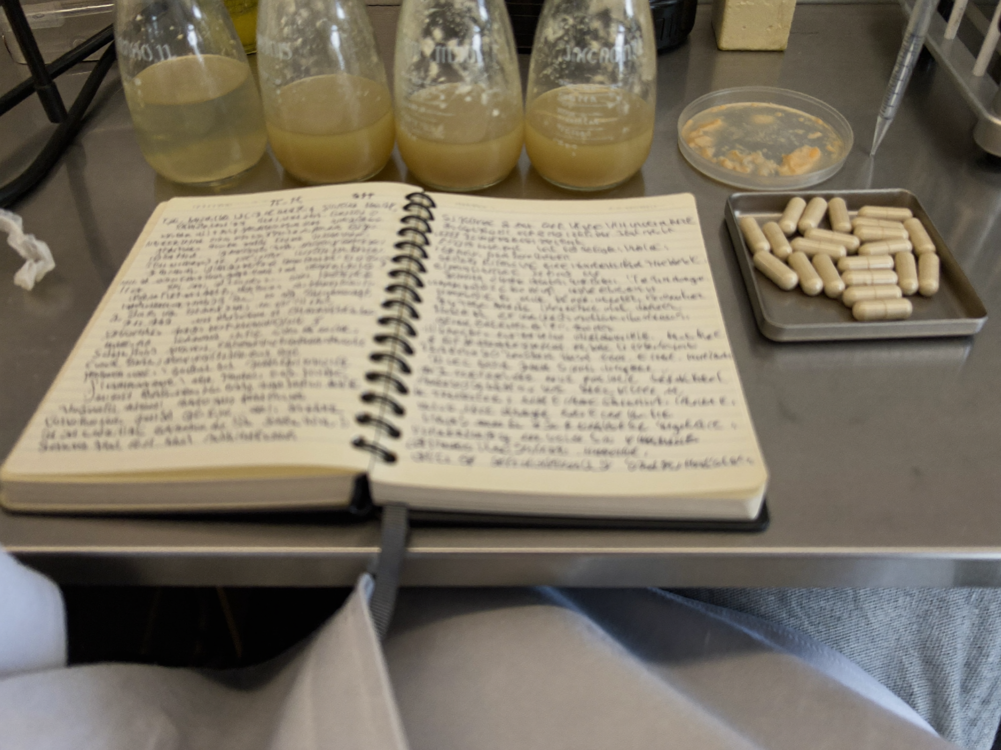 Fermentation and formulation lab bench with notebooks and capsules