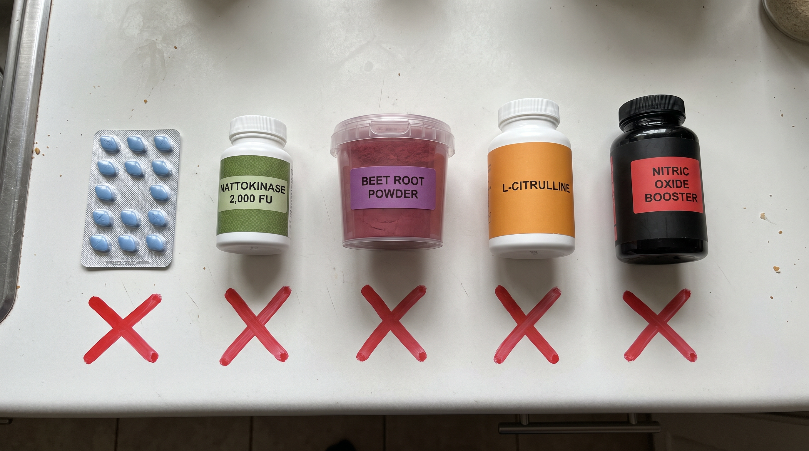 Blue pills, cheap 2,000 FU nattokinase, beet root powder, L-citrulline and a nitric oxide booster, all crossed out