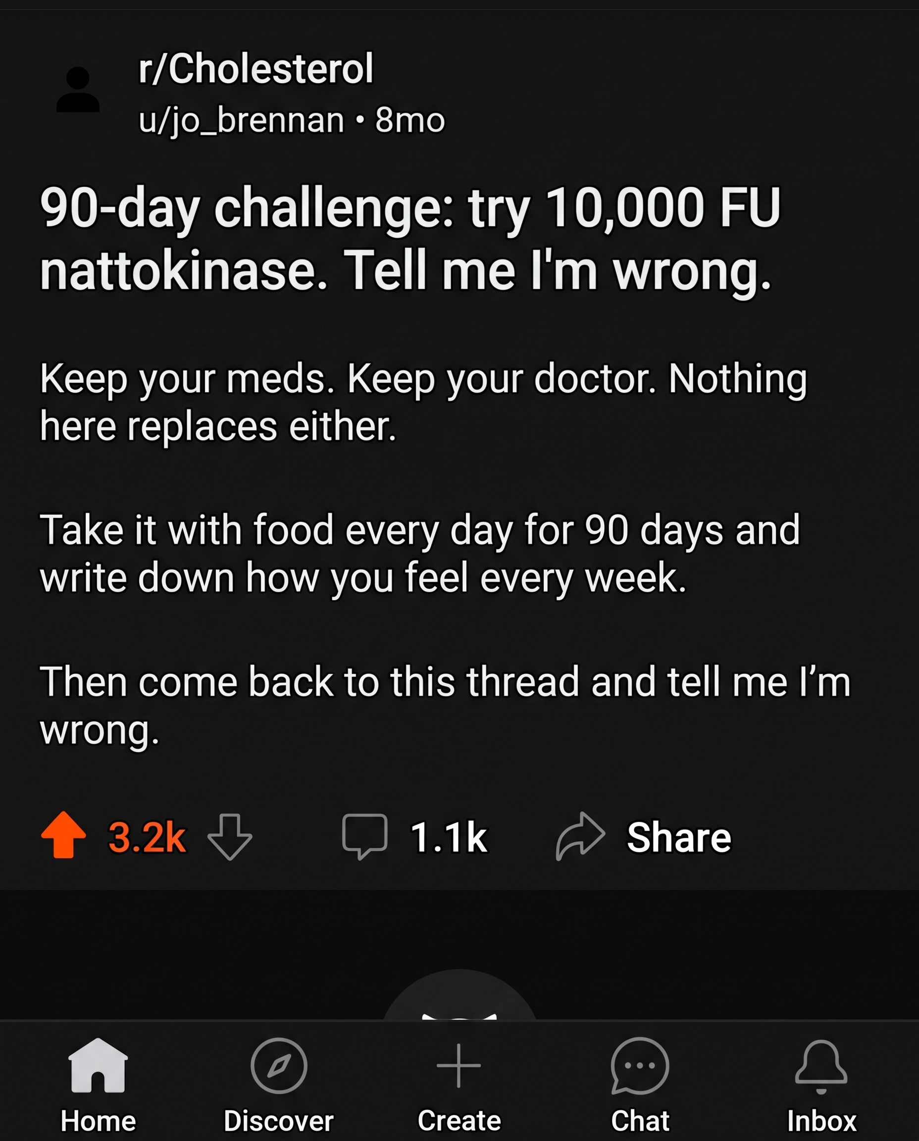 Reddit challenge post: try 10,000 FU nattokinase for 90 days, tell me I'm wrong