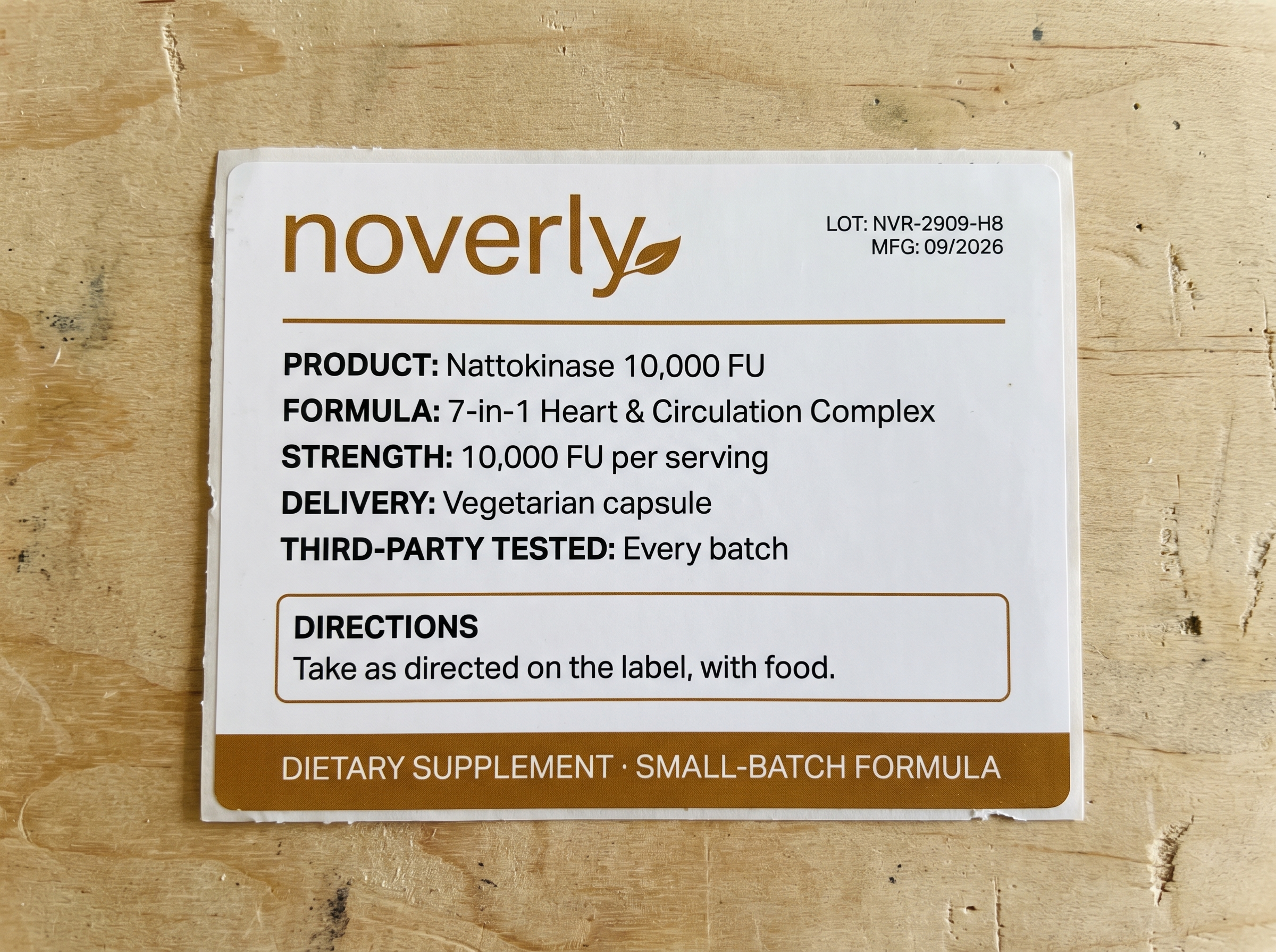 Noverly Nattokinase spec label — LOT NVR-2909-H8, MFG 09/2026, 10,000 FU, small batch
