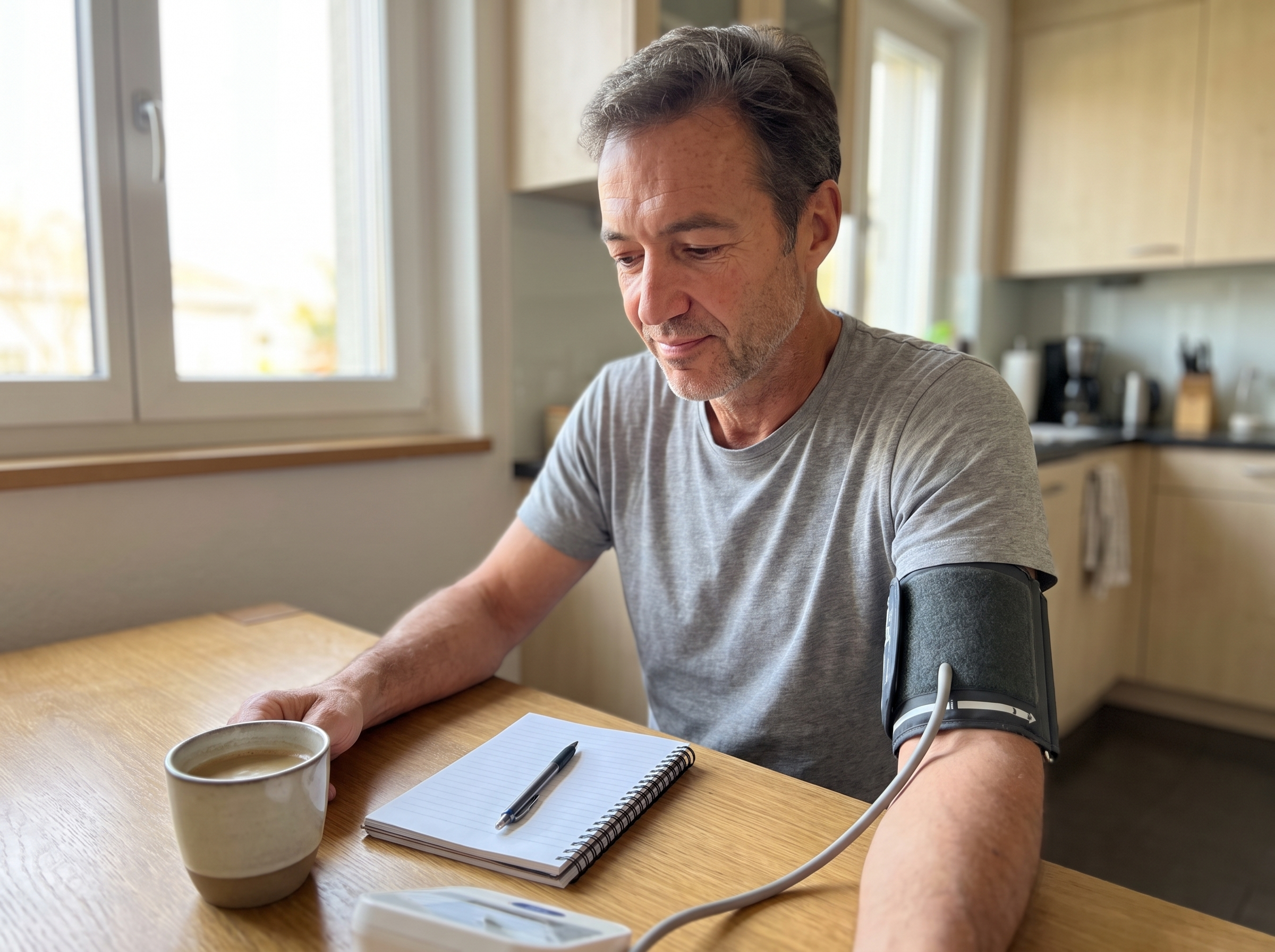 Russell at his kitchen table in the morning with his cuff and notebook