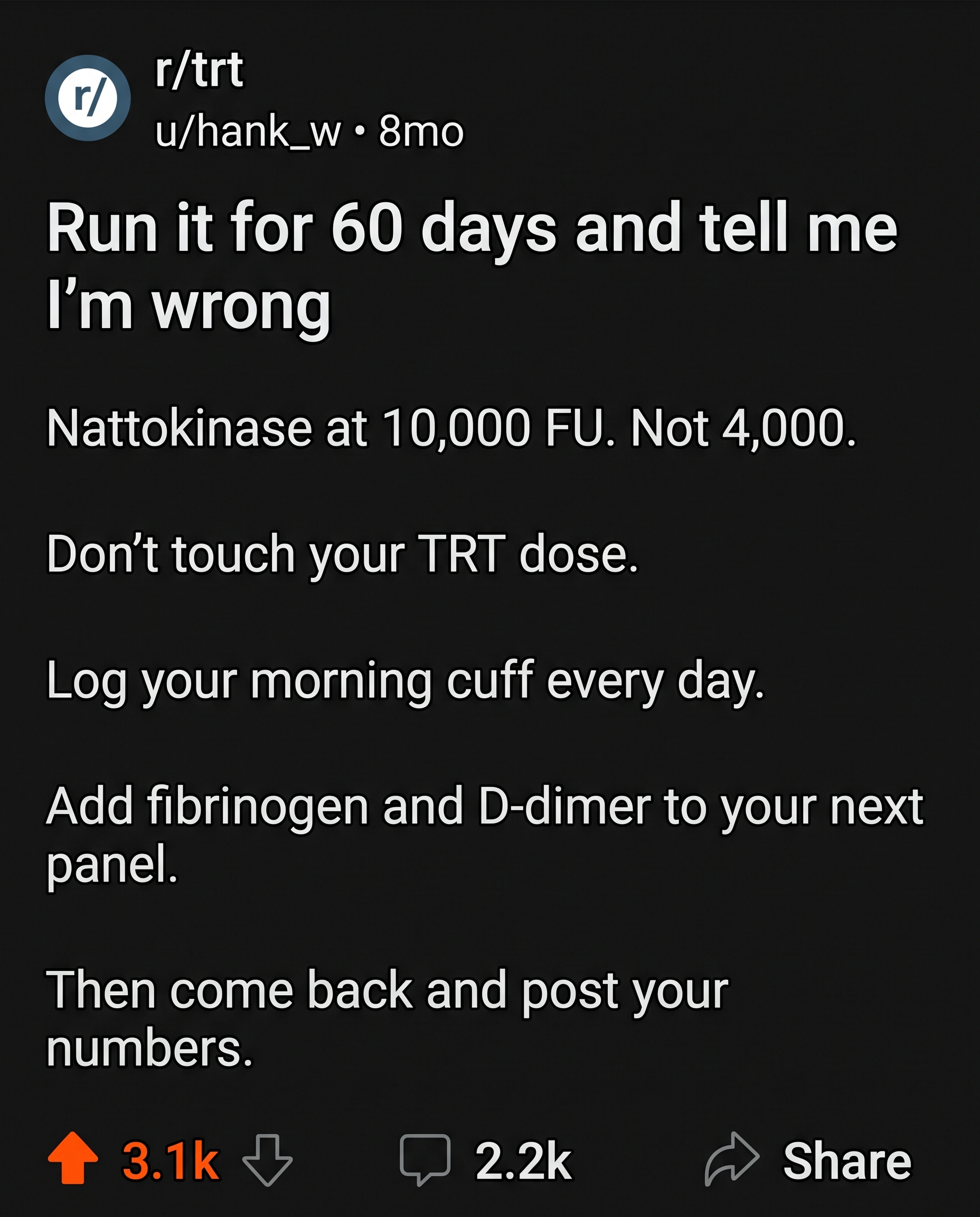 Reddit challenge post: run it for 60 days and tell me I'm wrong
