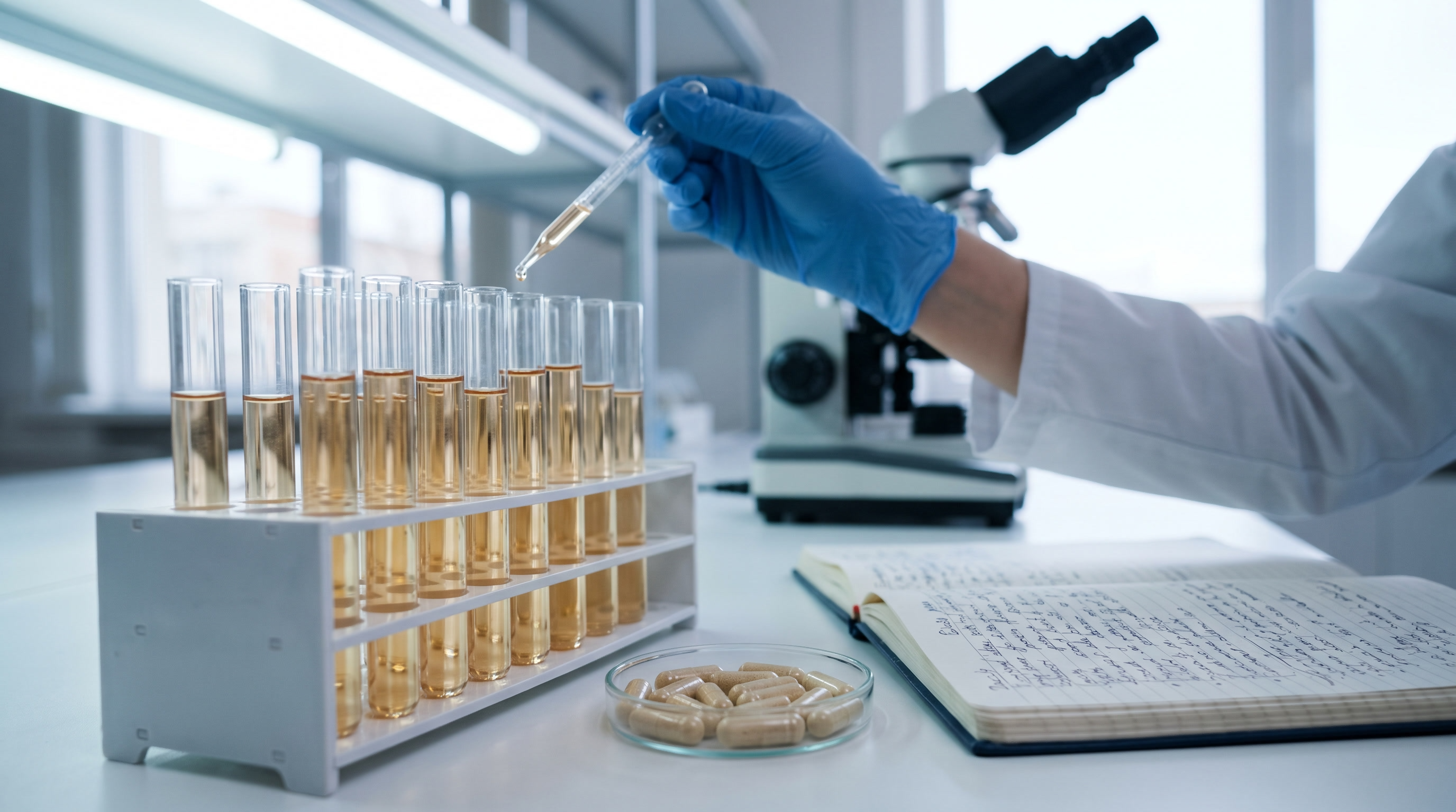 Lab bench with test tubes, research notebook and capsules