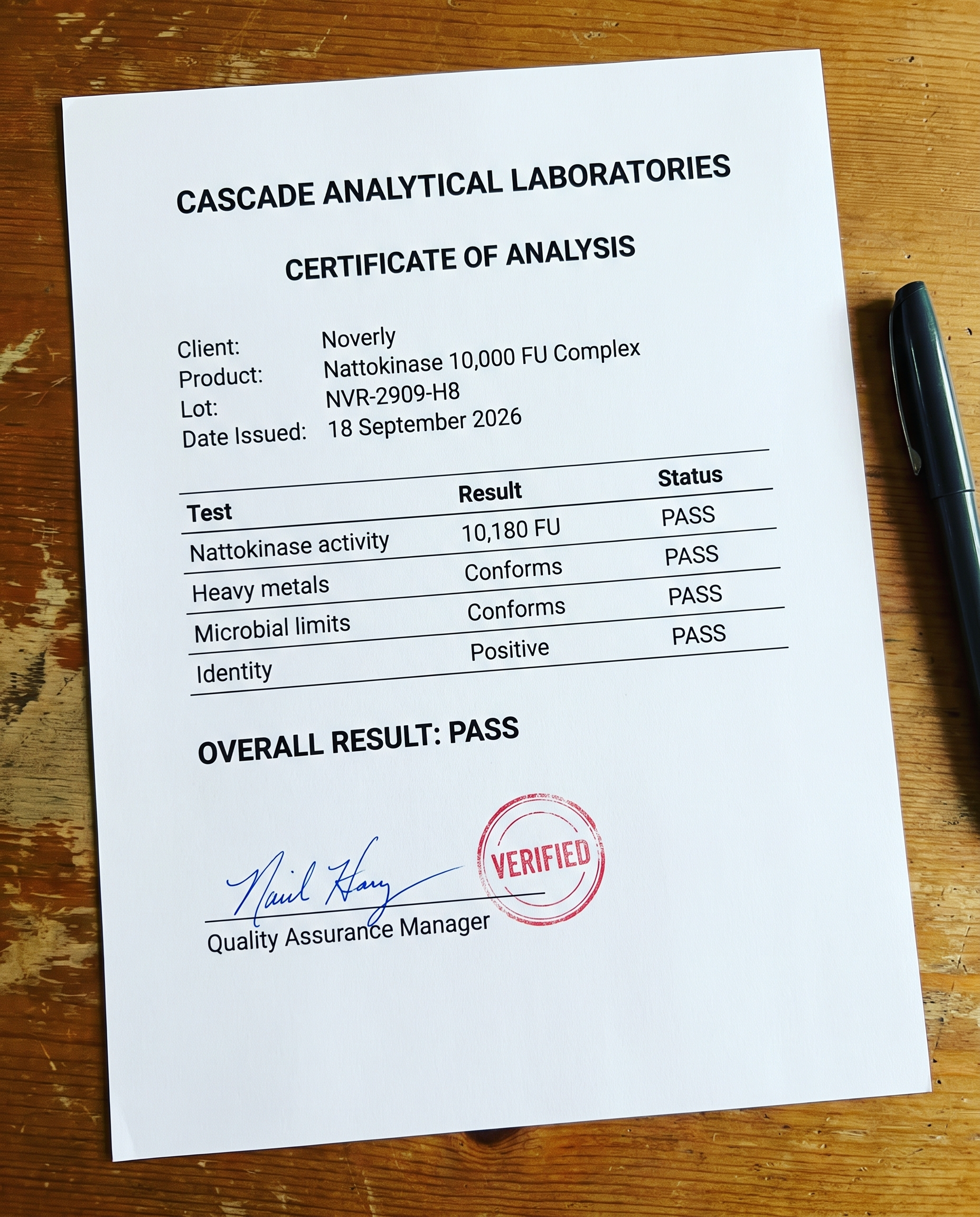 Independent Certificate of Analysis — nattokinase activity, PASS