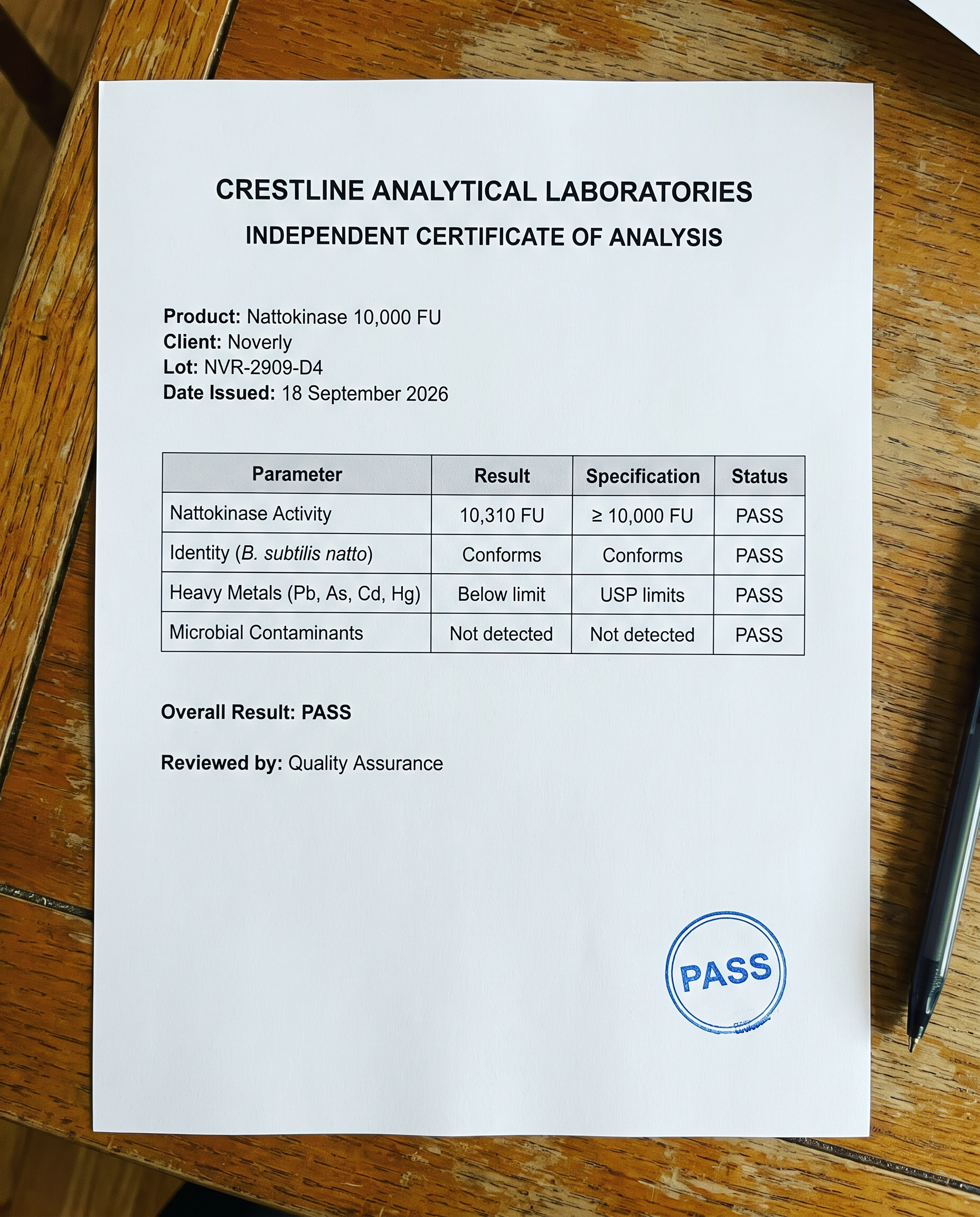 Independent Certificate of Analysis — nattokinase activity 10,310 FU, PASS