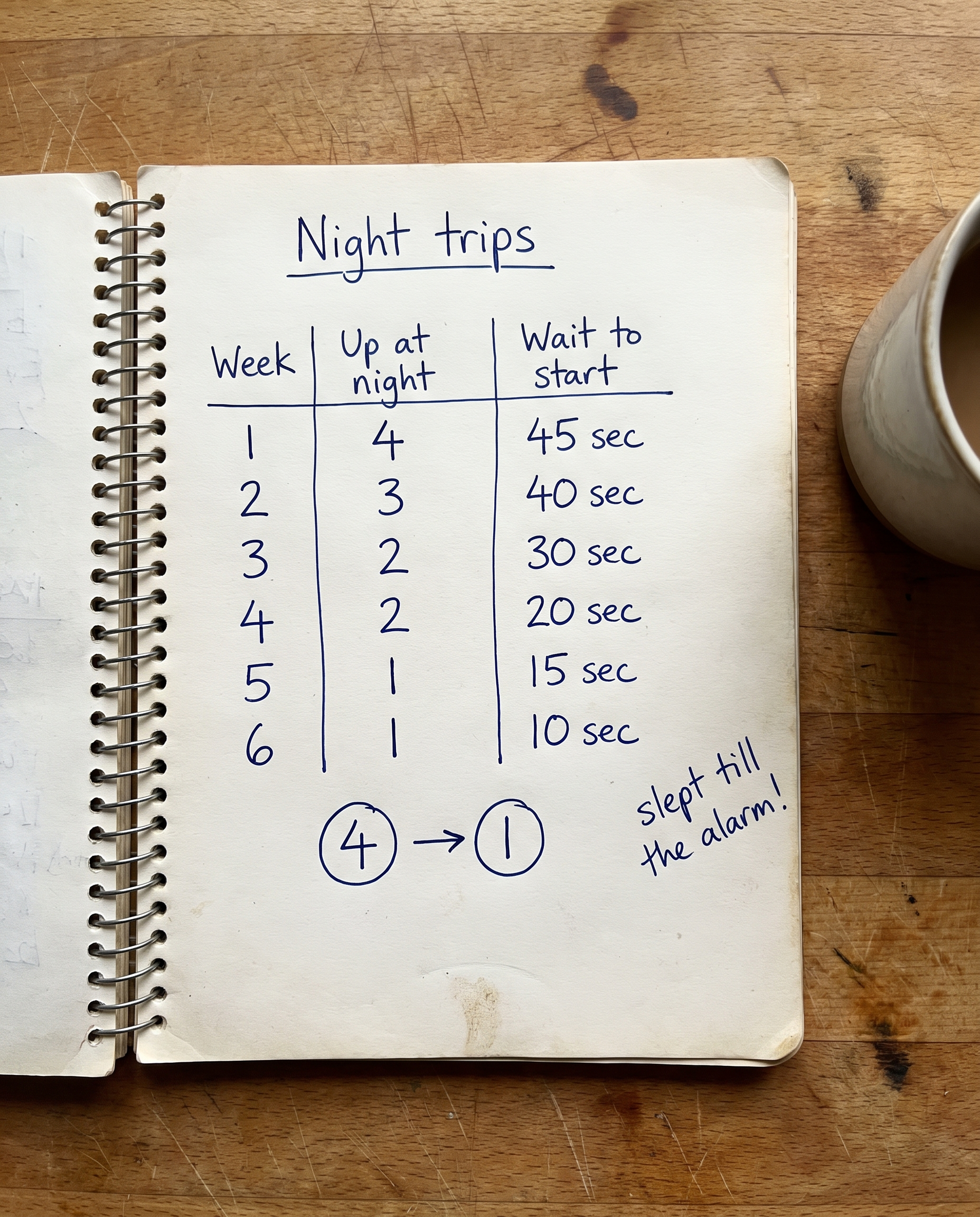 Handwritten journal — night trips dropping from 4 to 1 over six weeks