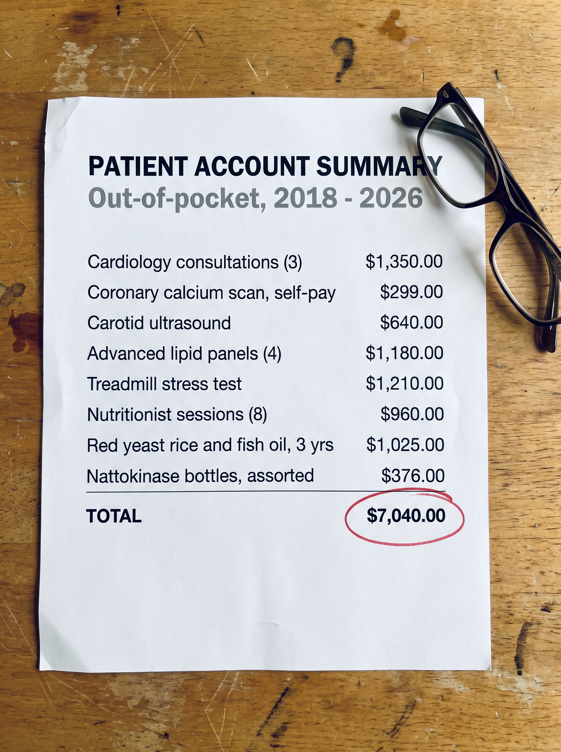 An itemized out-of-pocket statement totaling $7,040 spent chasing heart answers