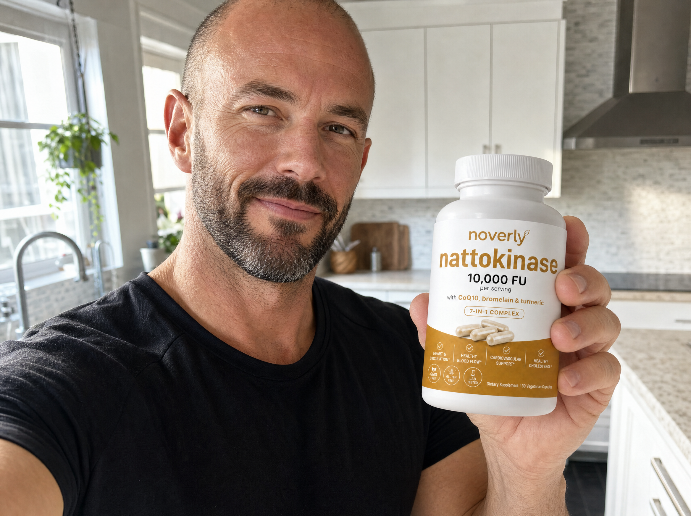 A customer holding the Noverly Nattokinase bottle at home
