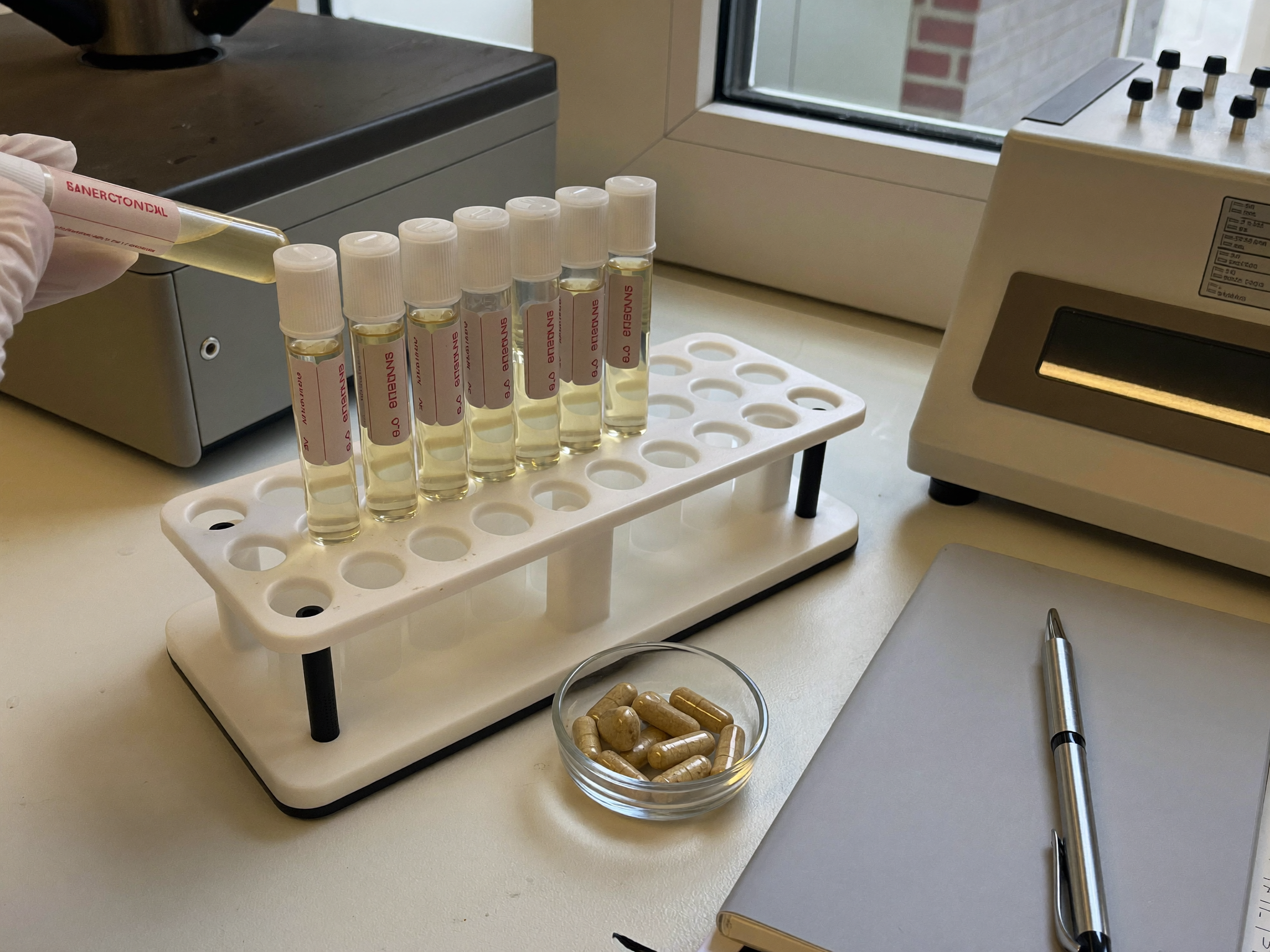 Lab bench with test tubes, research notebook and capsules