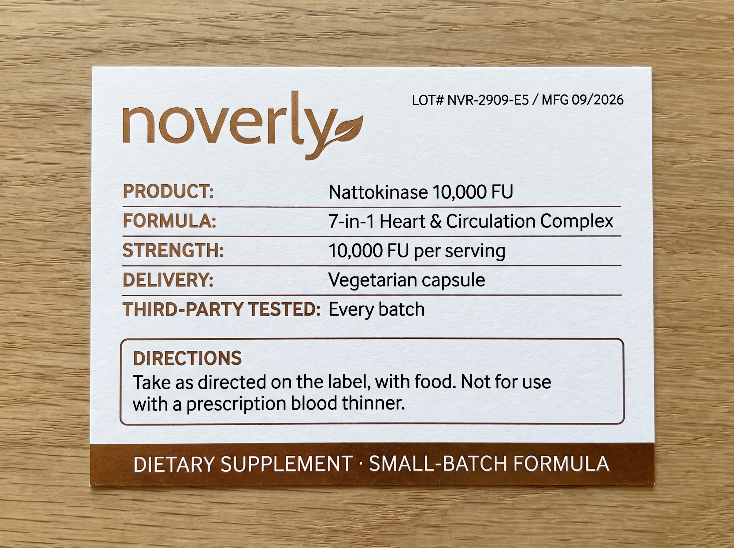 Noverly Nattokinase spec label &mdash; LOT NVR-2909-E5, 10,000 FU, small batch, take with food