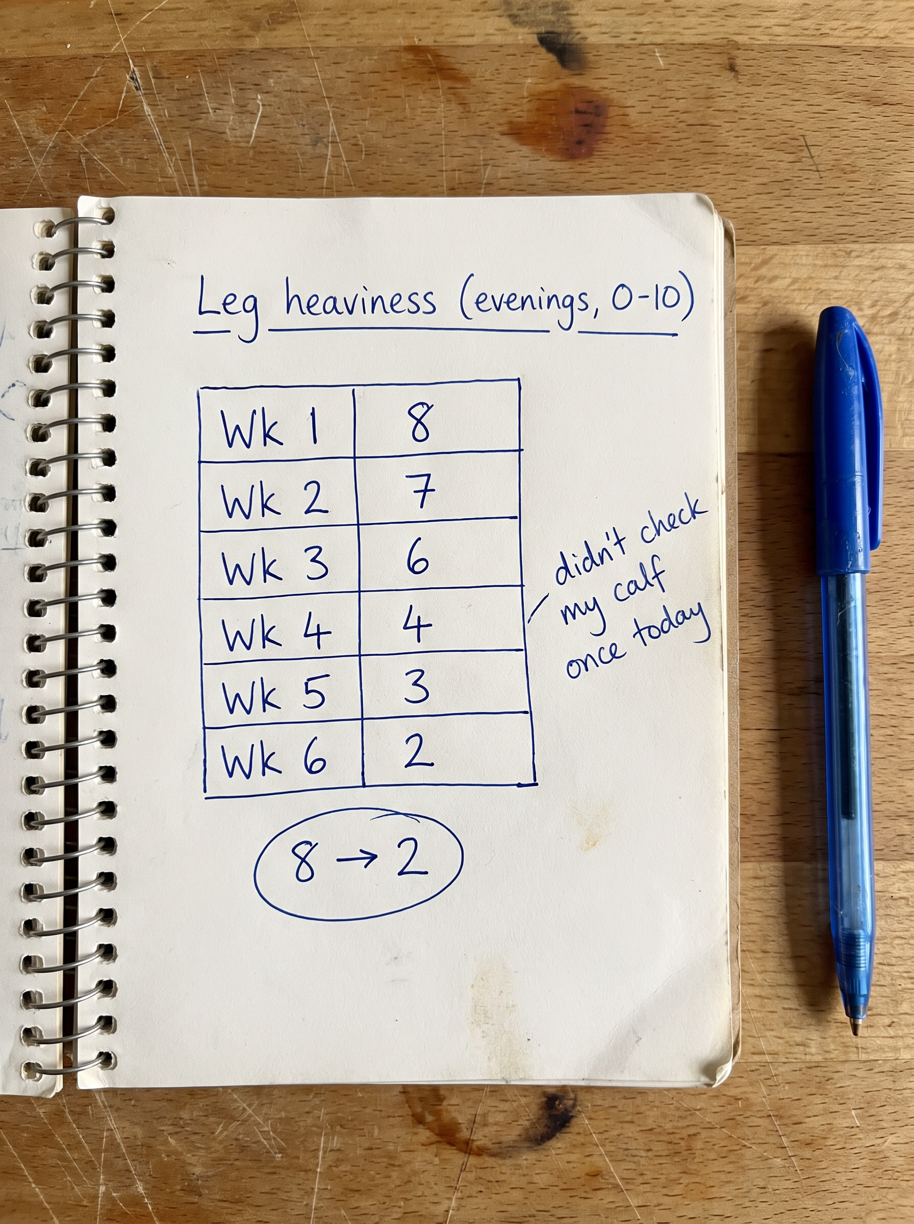 Handwritten journal &mdash; evening leg heaviness dropping from 8 to 2 over six weeks
