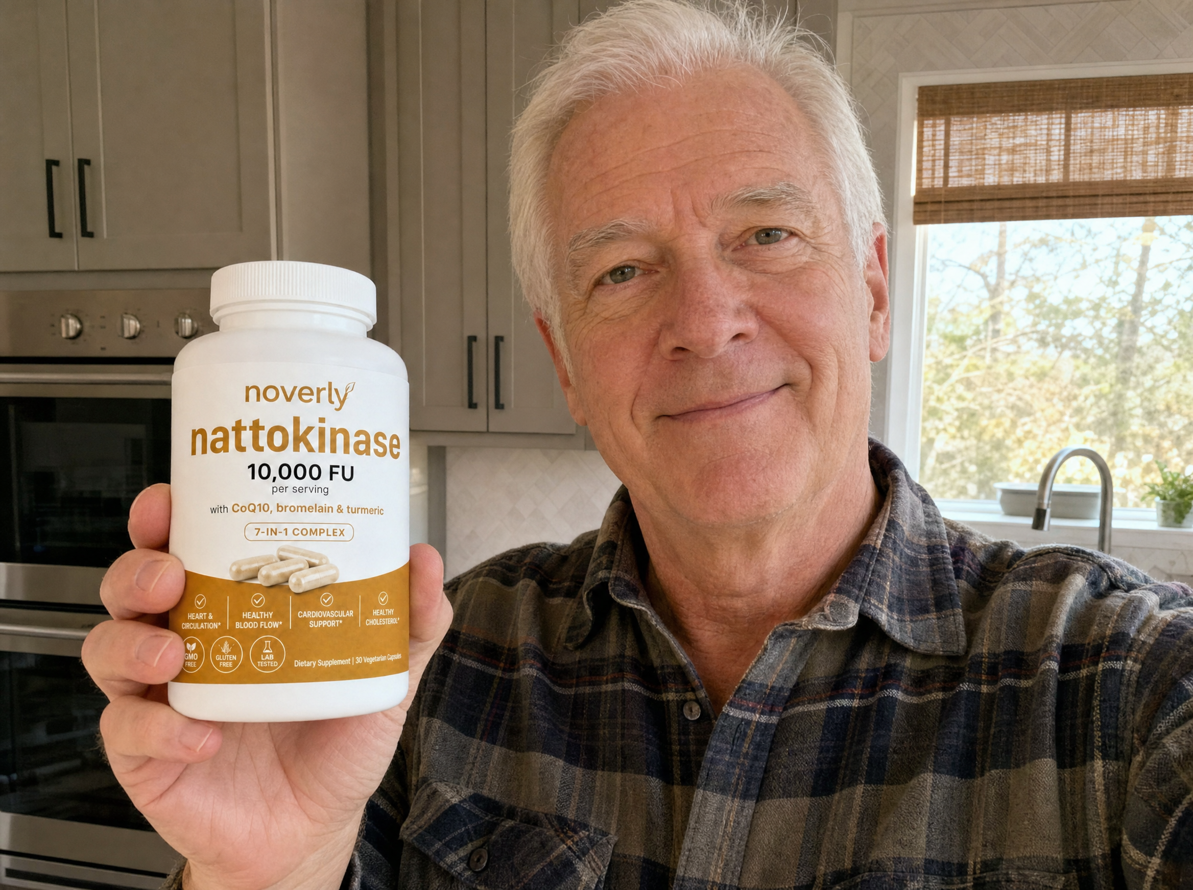 A customer holding the Noverly Nattokinase bottle at home