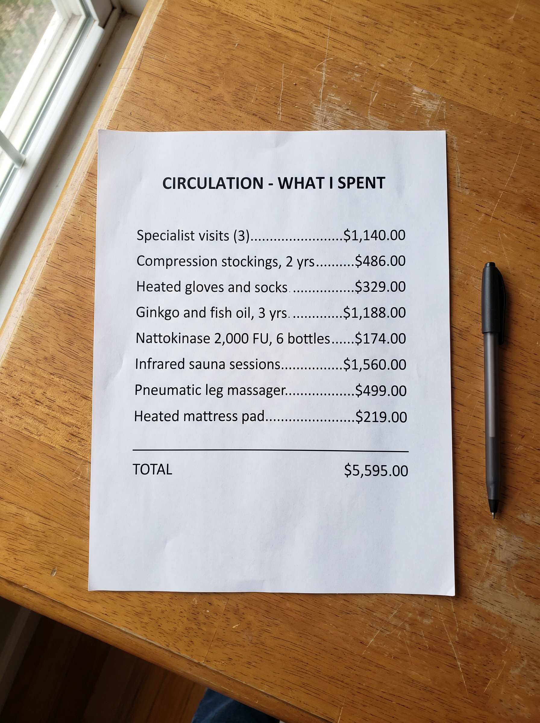 An itemized list totaling $5,595 spent chasing warm hands and lighter legs