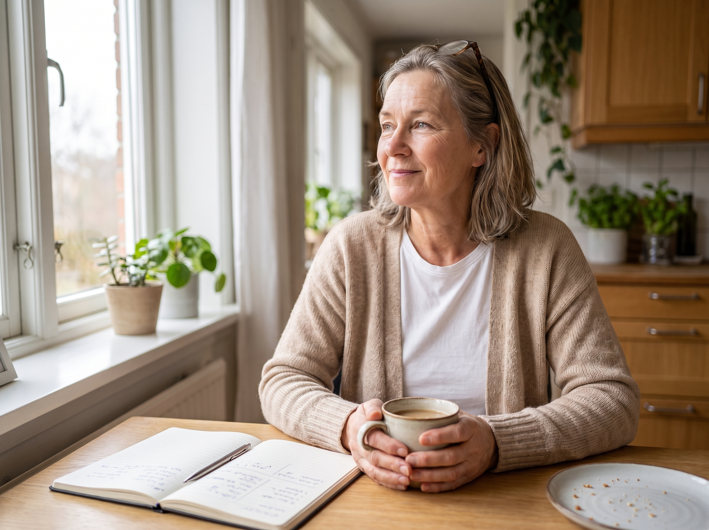 Joanne at her kitchen table in the morning, relaxed