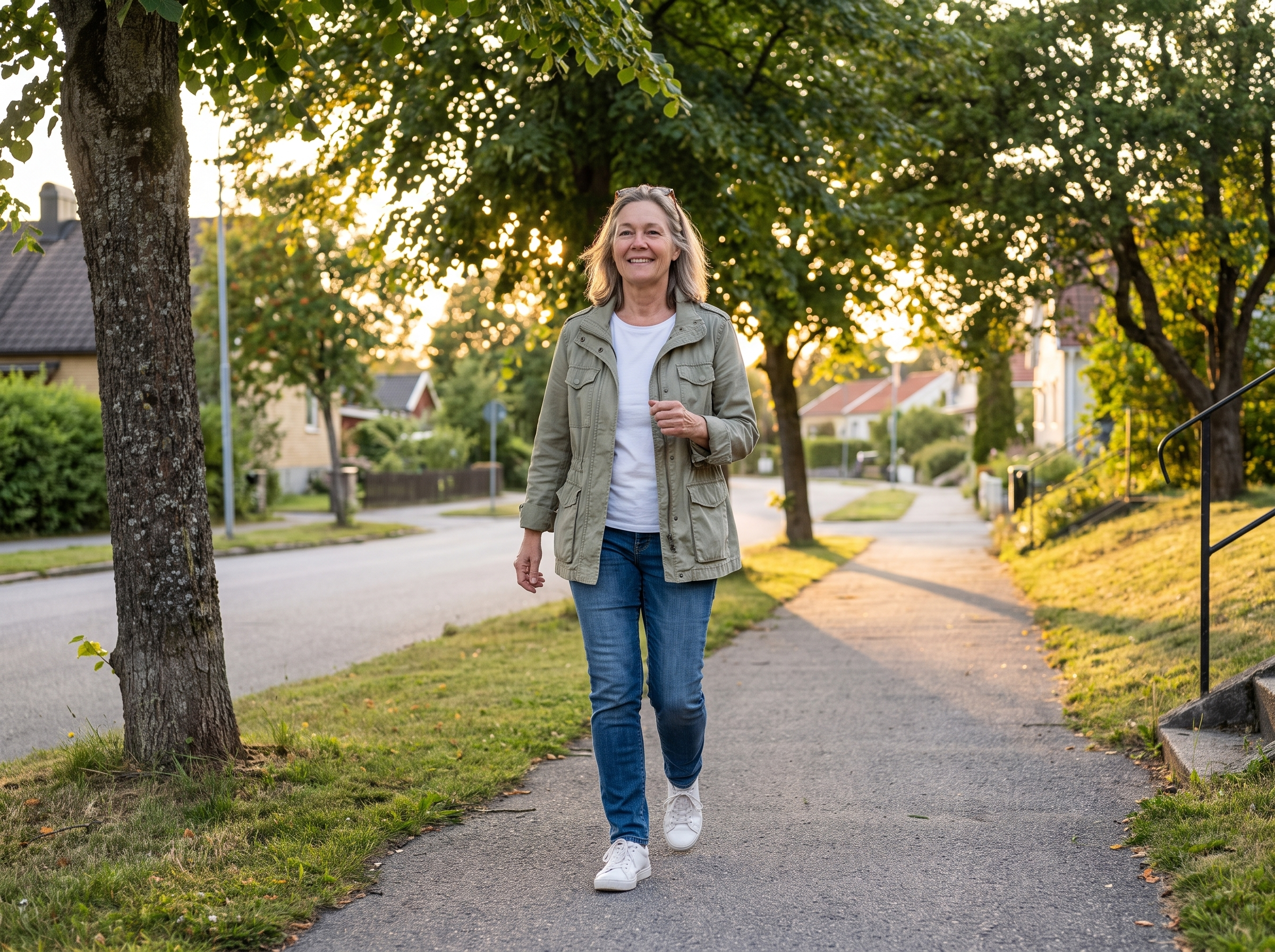 Joanne walking up the hill near her home in the evening