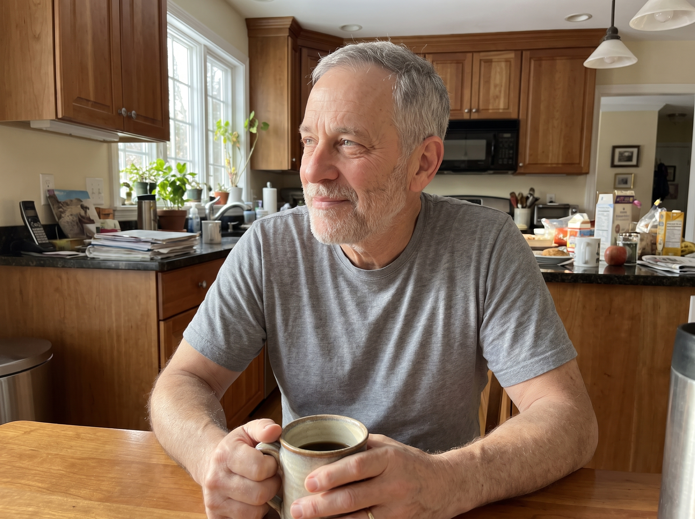 Glen at his kitchen table in the morning, relaxed