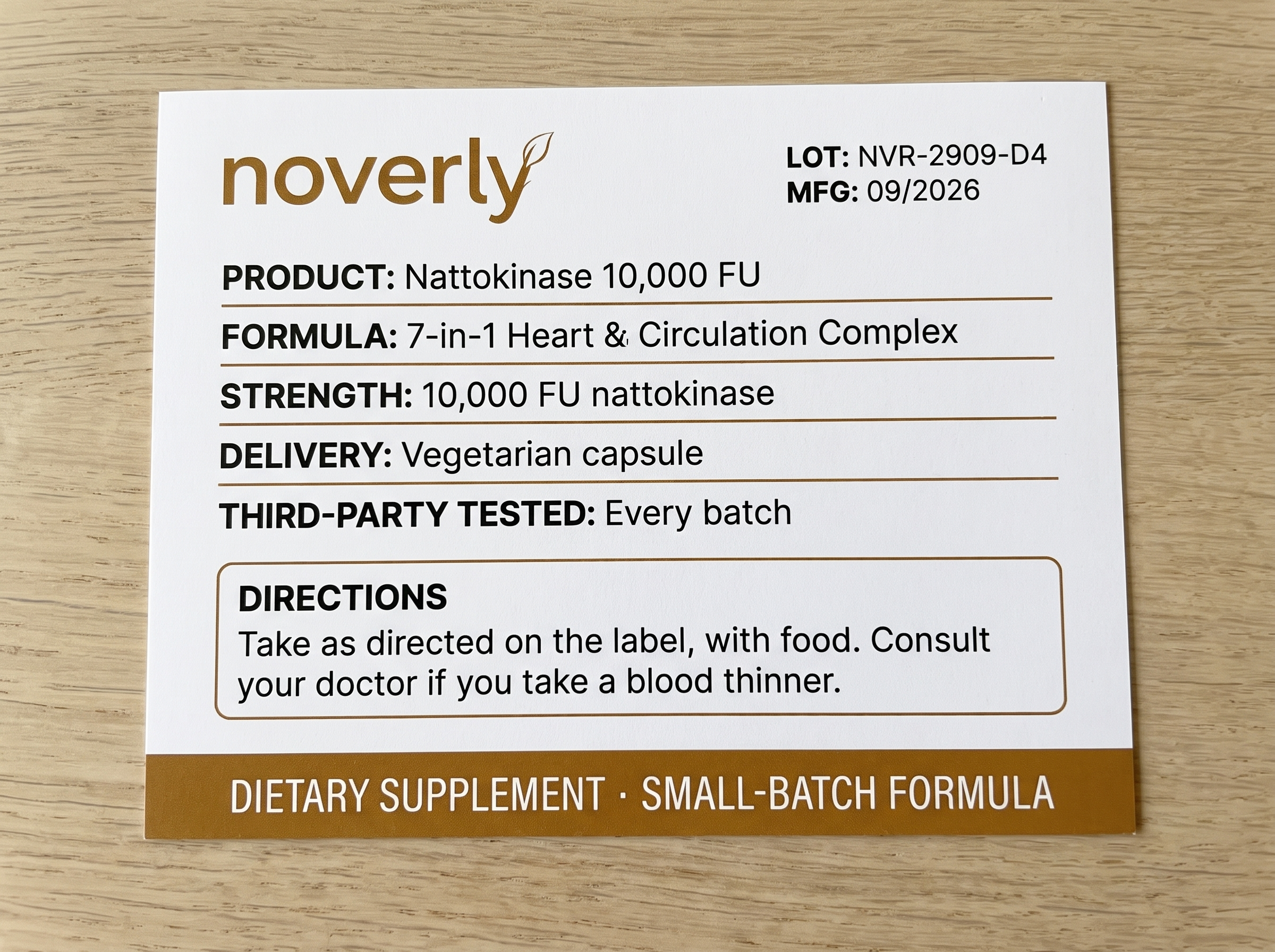 Noverly Nattokinase spec label — LOT NVR-2909-D4, MFG 09/2026, 10,000 FU, small-batch