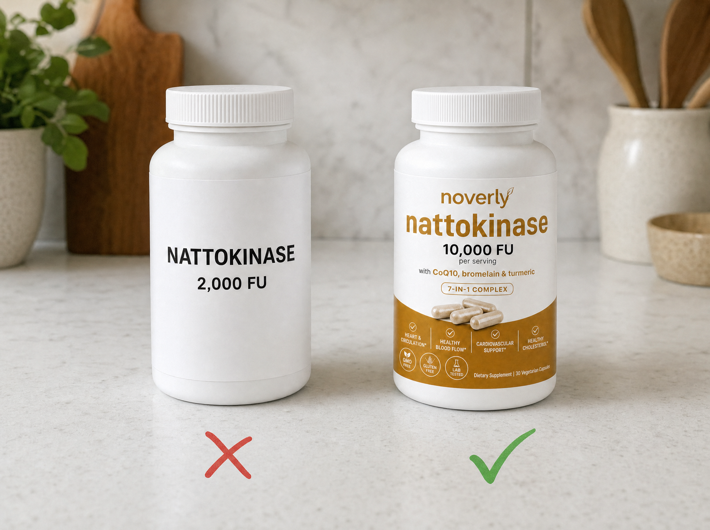 A cheap 2,000 FU nattokinase bottle vs Noverly Nattokinase 10,000 FU