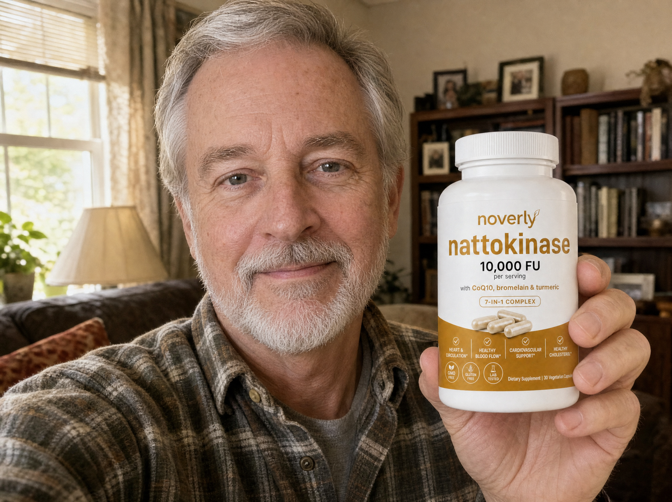 A customer holding the Noverly Nattokinase bottle at home