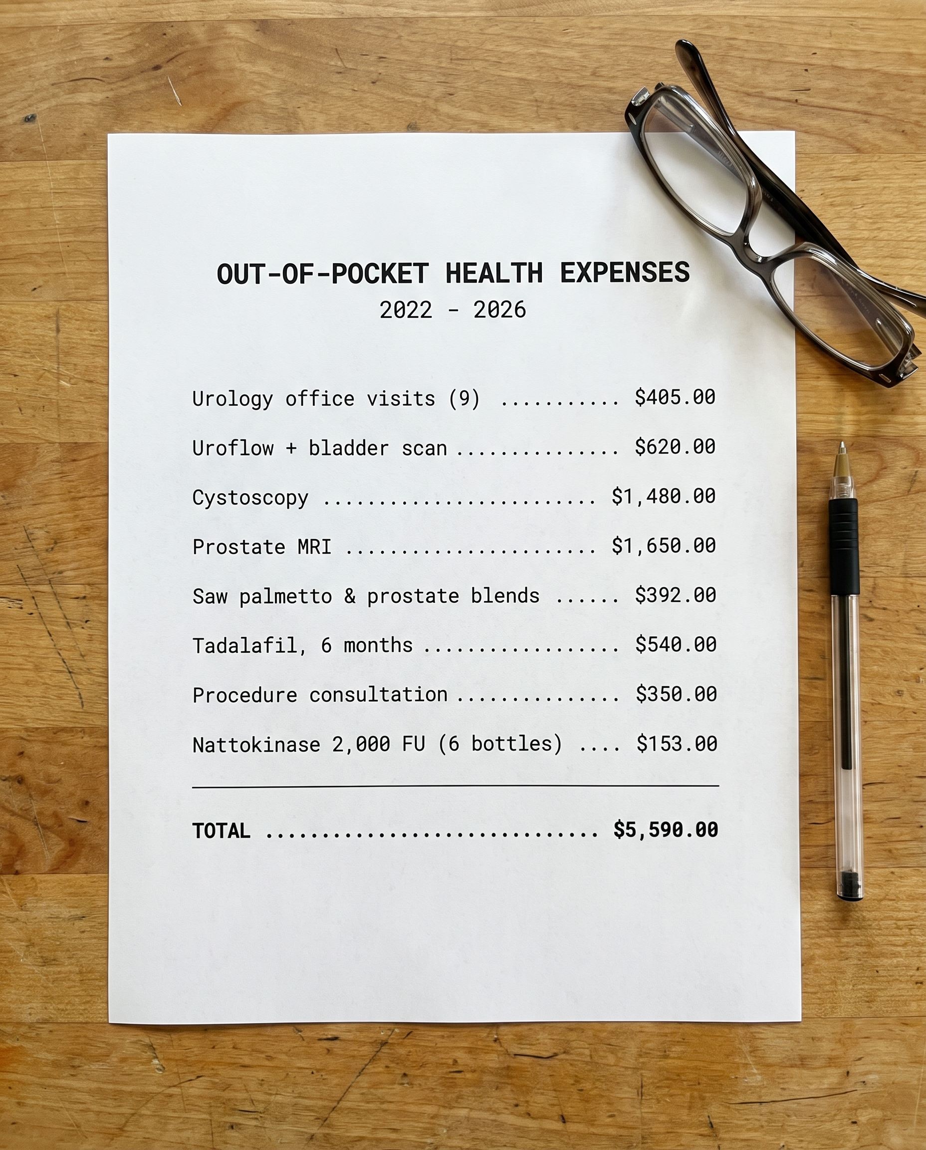 An itemized statement totaling $5,590 spent chasing prostate relief