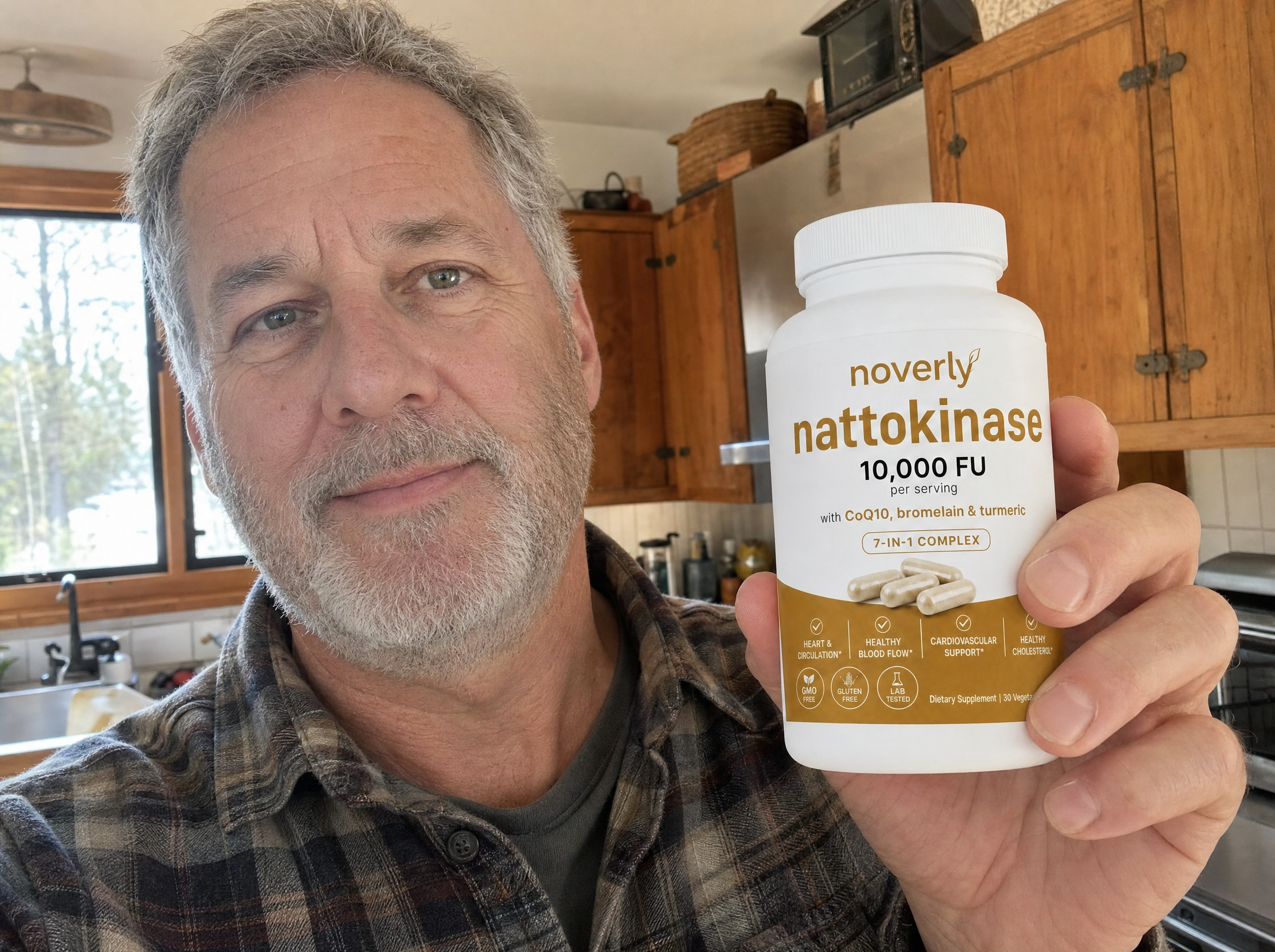 A customer holding the Noverly Nattokinase bottle at home