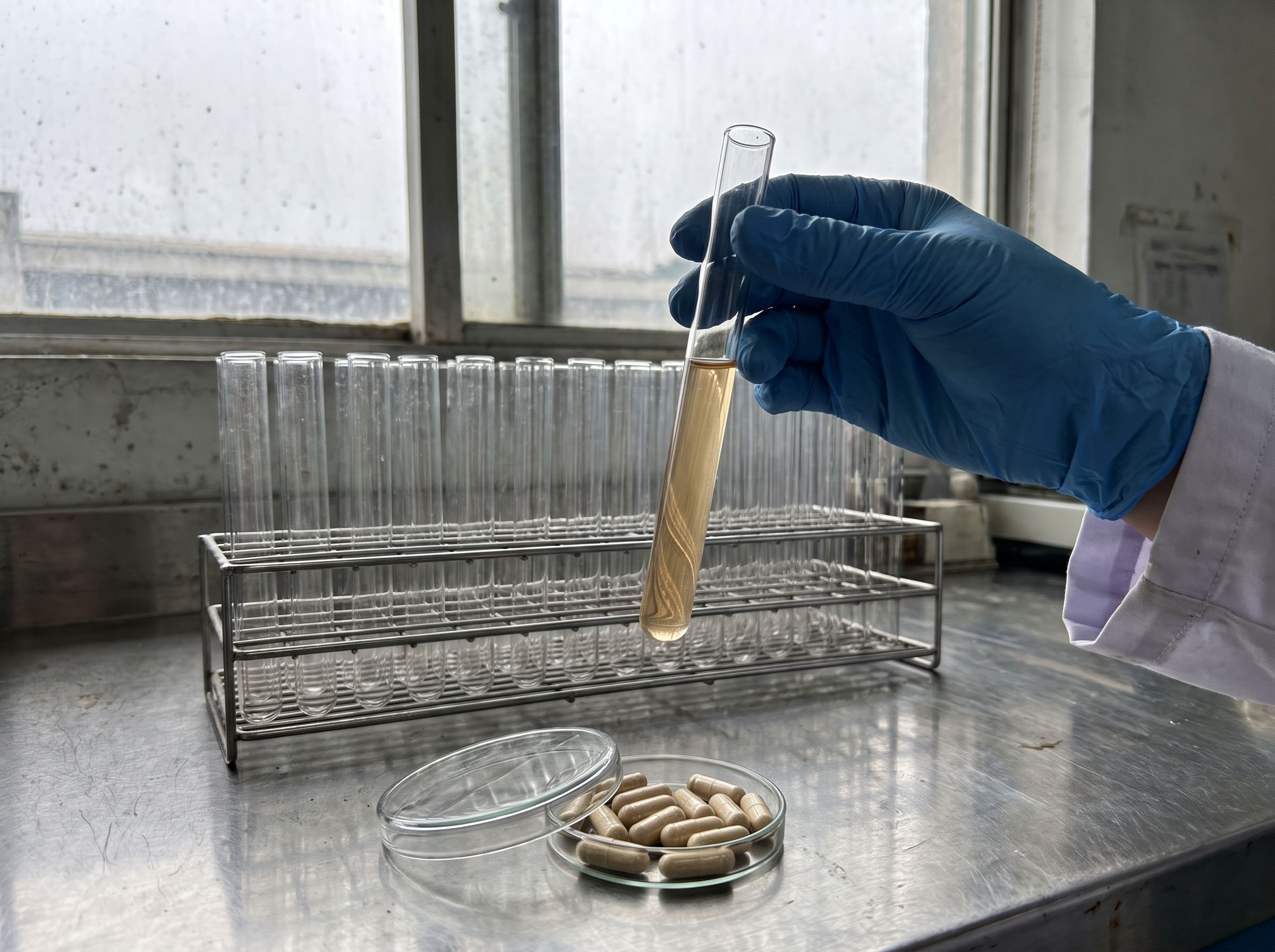 Lab bench with test tubes, research notebook and capsules