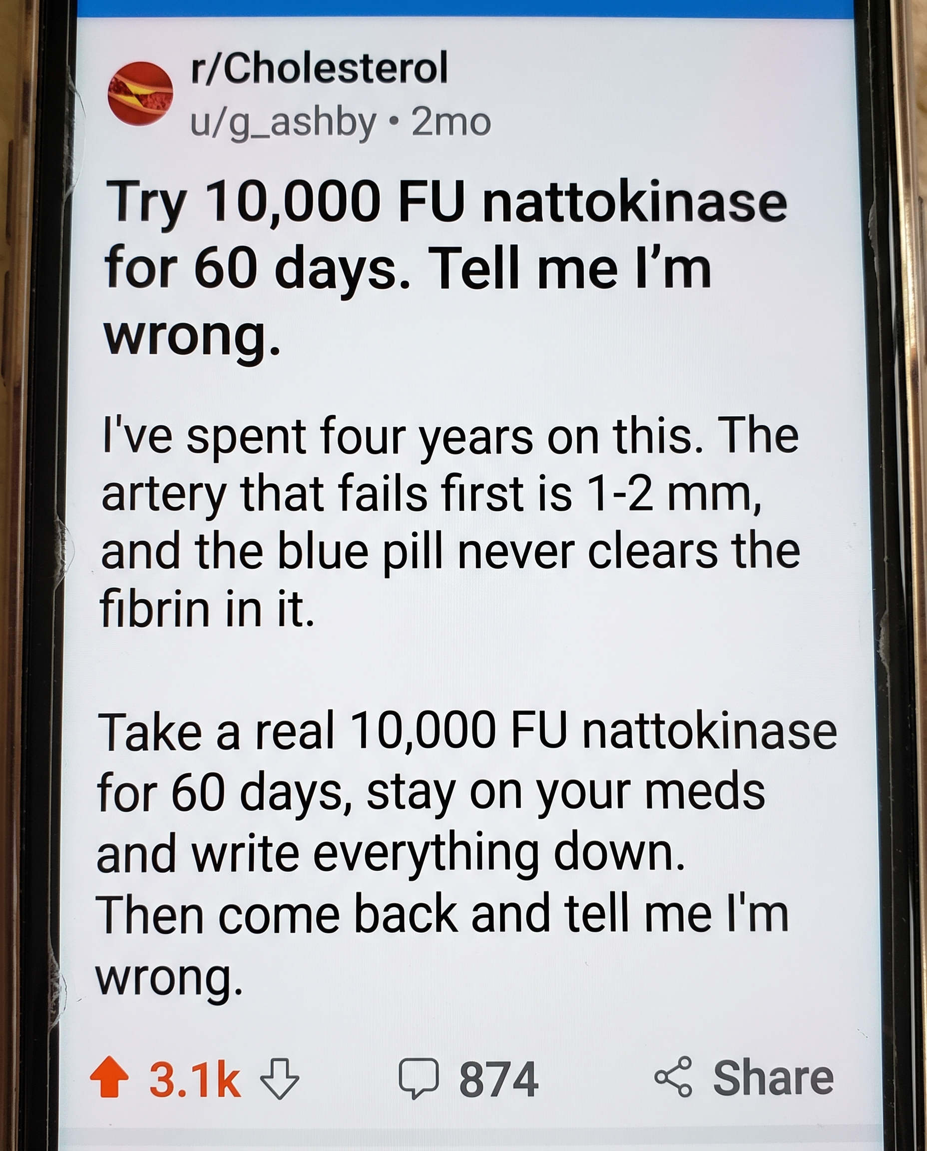 Reddit challenge post: try 10,000 FU nattokinase for 60 days, tell me I'm wrong