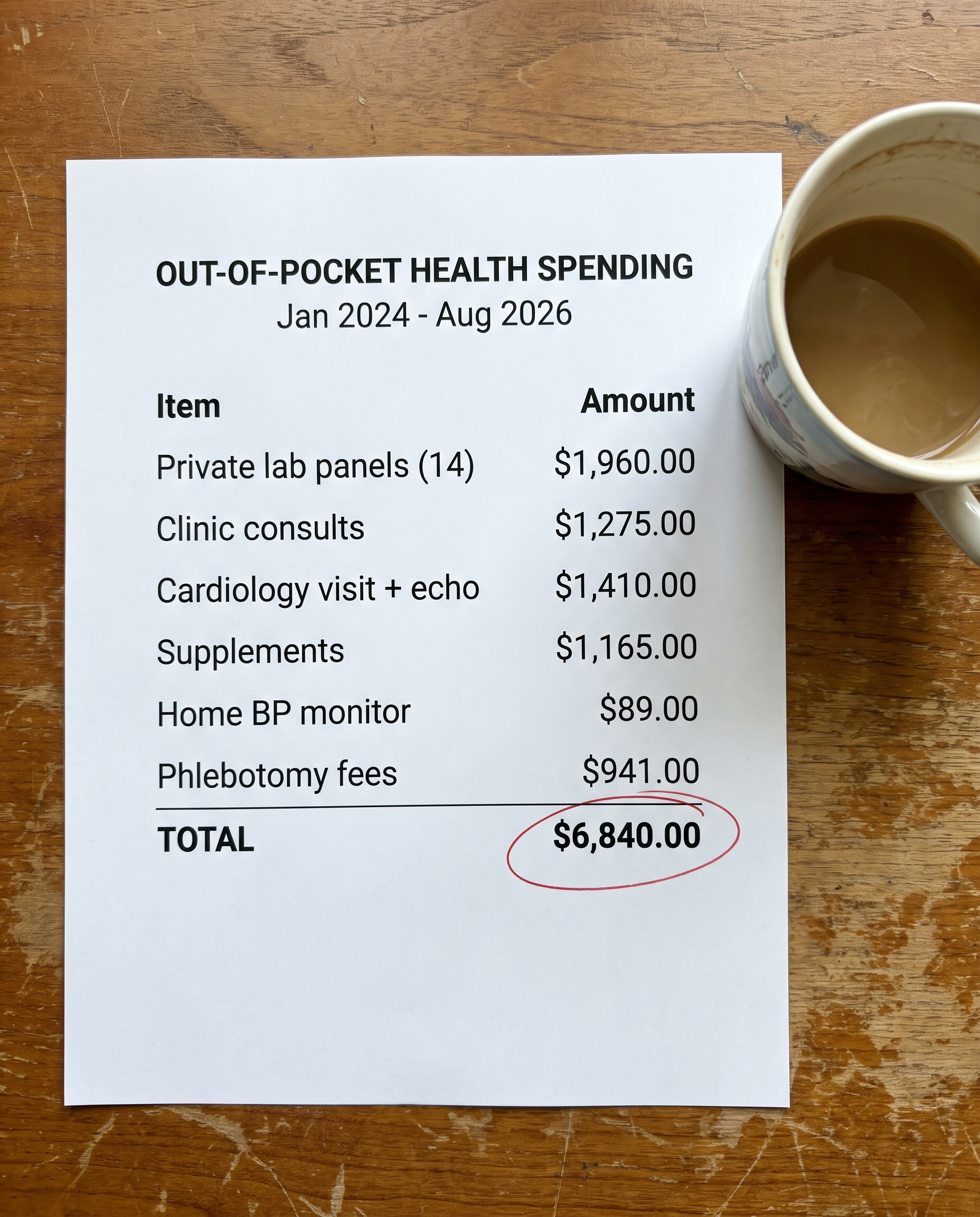 An itemized statement totaling $6,840 spent chasing better numbers