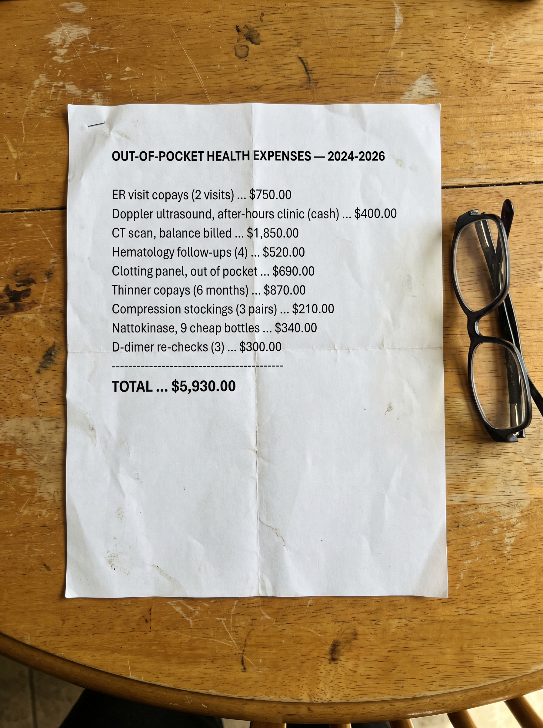 An itemized out-of-pocket statement totaling $5,930