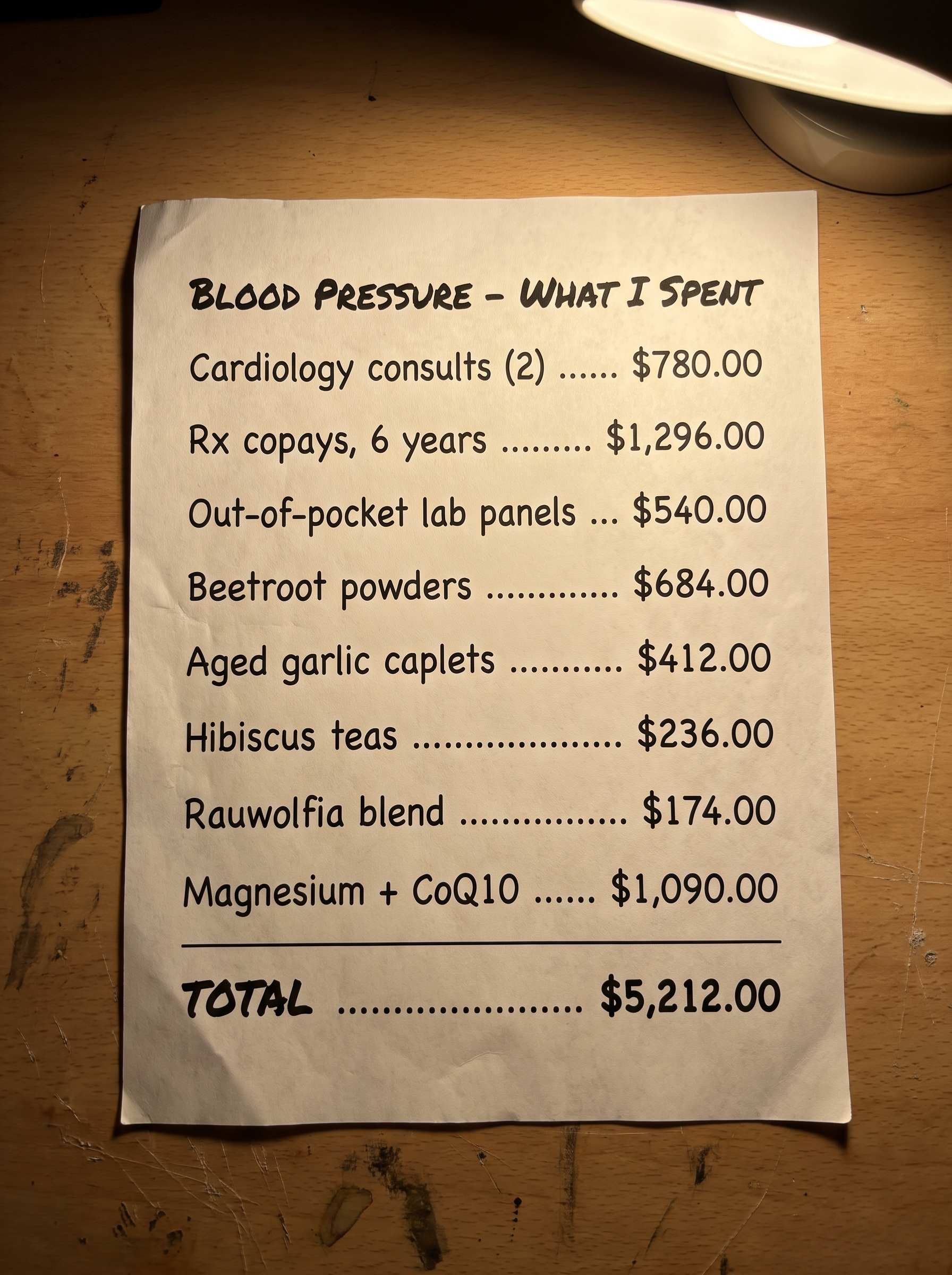 An itemized tally of $5,212 spent chasing blood pressure answers
