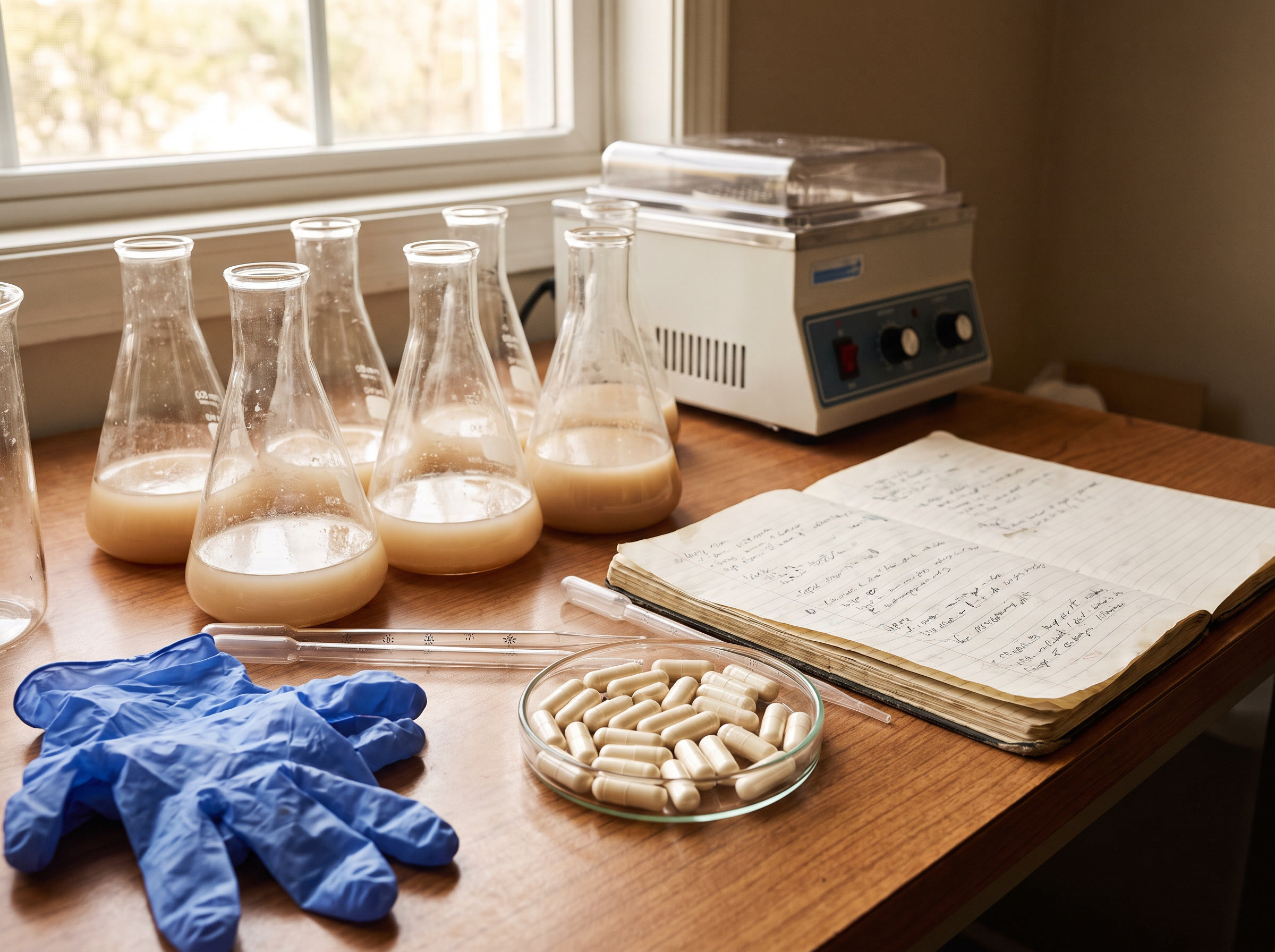 Fermentation lab bench with research notes and capsules